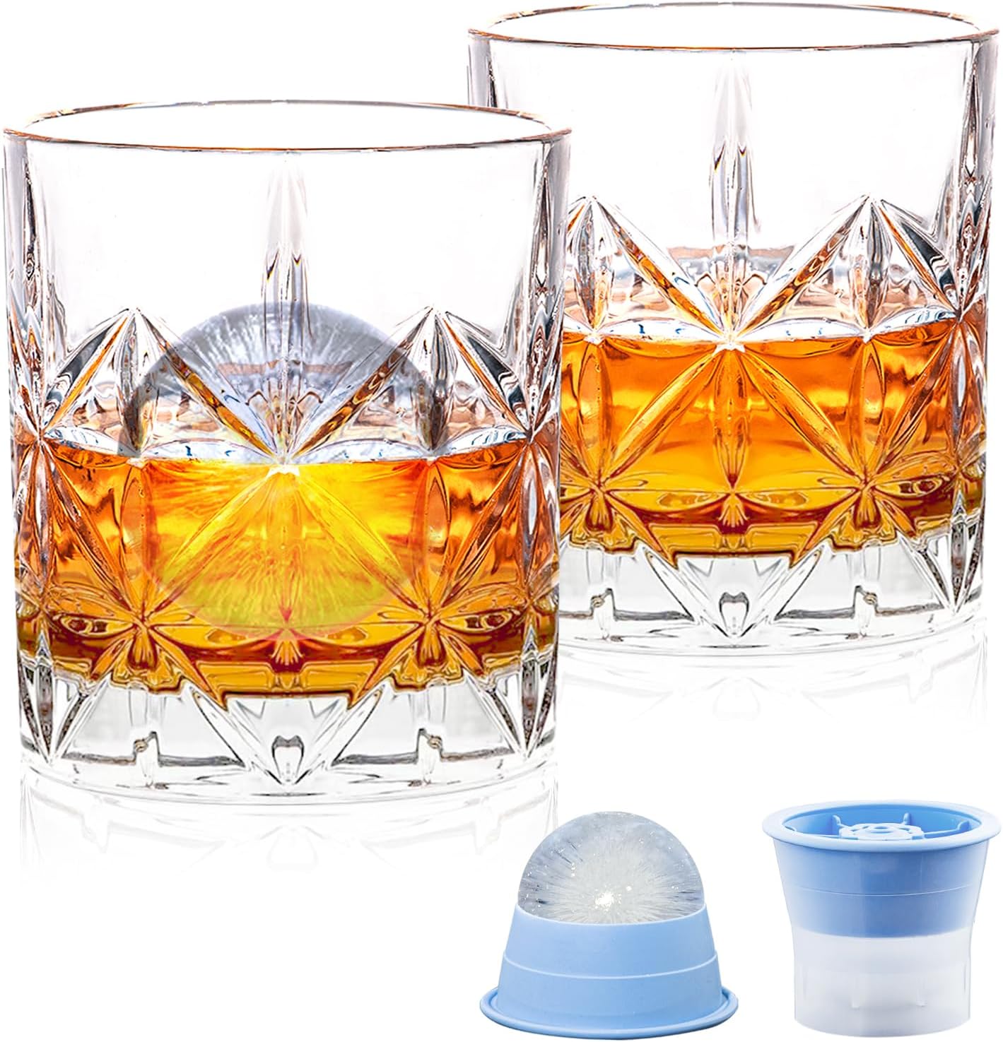 Whiskey Glasses, Whiskey Glass Set of 2 with Ice Molds, 10 OZ Crystal Rocks Glass, Old Fashioned Bourbon Glass for Cocktail, Scotch, Cognac, Vodka, Whiskey Gifts for Men, Fathers Day