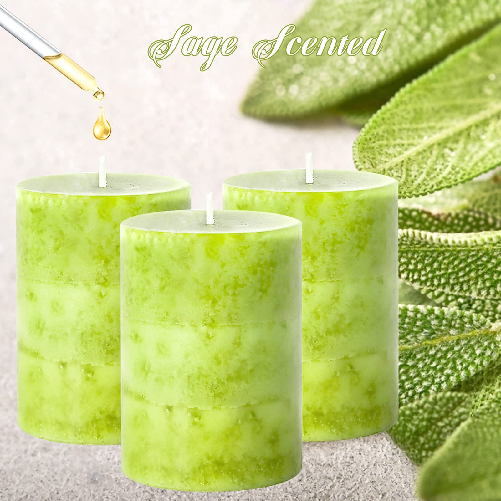 Juego de 3 velas de pilar verde perfumadas de salvia de 3 x 4 pulgadas, aromaterapia, combustión limpia, sin goteo, para mesa de comedor, bodas, vacaciones, decoración del hogar