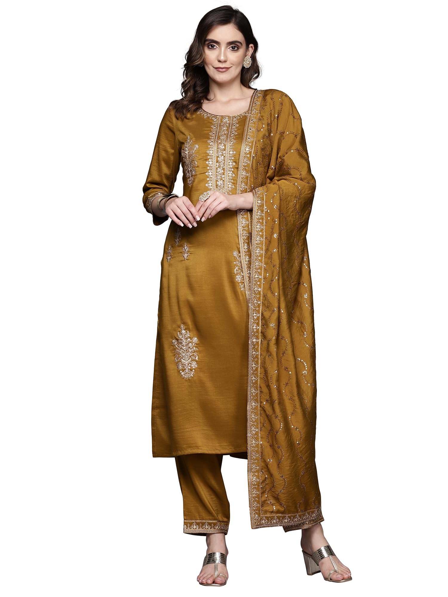 INDO ERA Mustard Straight Embroidered Kurta & Pant With Dupatta Set For Women (KH9MT7107_X-Small)