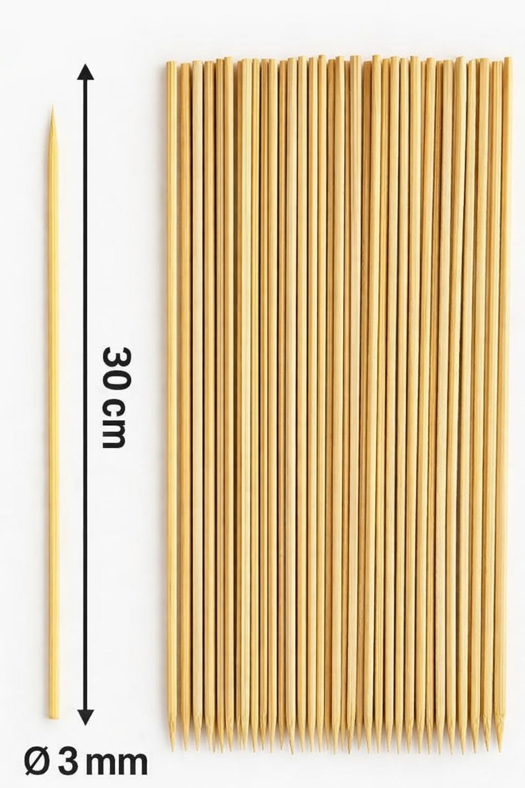 Set 100 Spiedini in Legno 30 cm x 3 mm – Bastoncini Lunghi per Carne, Frutta, Dolci, Panini, Barbecue e Finger Food – Naturali, Resistenti, Monouso, Eco-Friendly