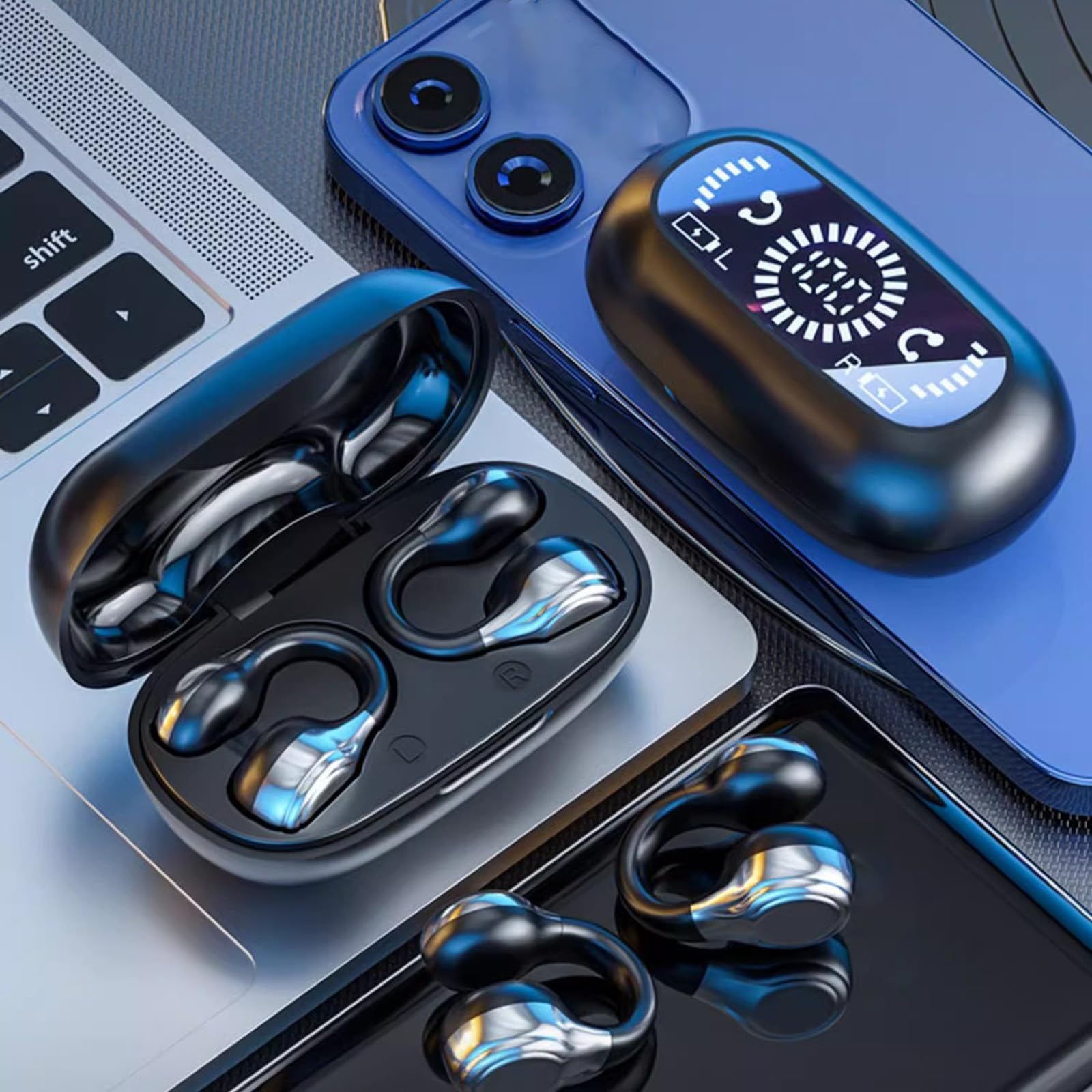 Wireless Earbuds Bluetooth 5.3, Smart Fingerprint, Open-Ear Sport Earphones, Stereo Sound Calling Music Earbuds, Built-in Mic, Over-Ear Buds with Earhooks