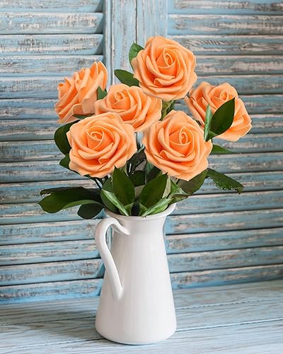 Miniatura 6 de JOYLEX Flores artificiales naranjas realistas, 50 rosas falsas de aspecto real con tallo para ramos de boda, centros de mesa, despedidas de soltera,