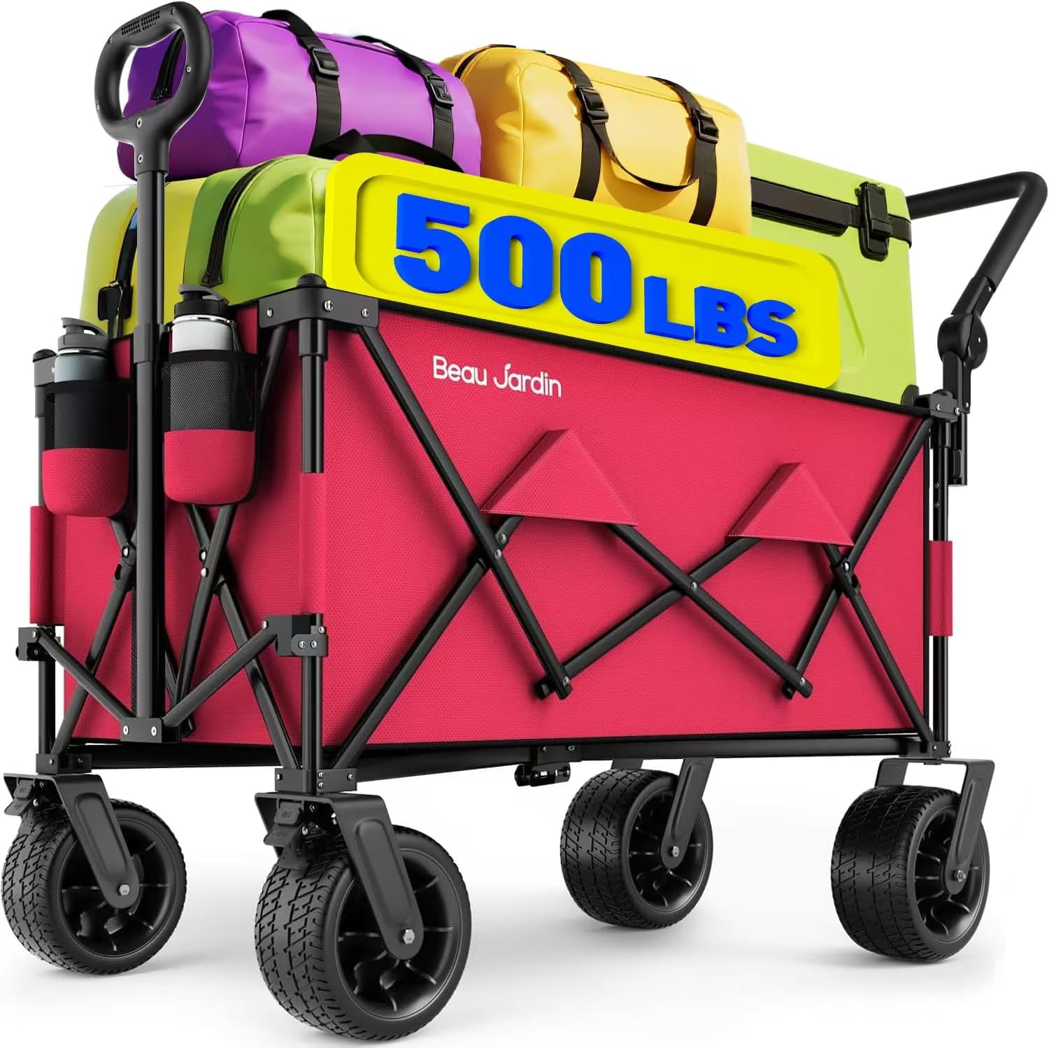 Folding Push & Pull Beach Wagon 500 lbs Collapsible Foldable Wagons with Push Handle All Terrain Wheels Grocery Utility Camping Skiing Ice Fishing Sports Garden Wagon Cart Red