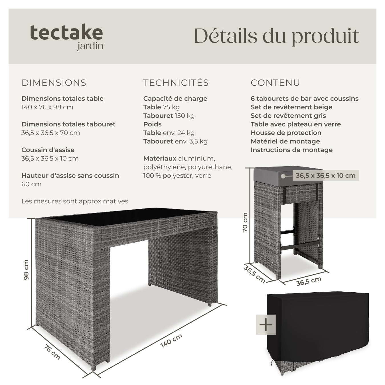 tectake® Ensemble de Bar Extérieur en Résine Tressée, Structure en Aluminium - Salon de Jardin 6 Places avec Table, 6 Chaises Encastrables et Coussins Inclus - Mobilier pour Amenagement Balcon