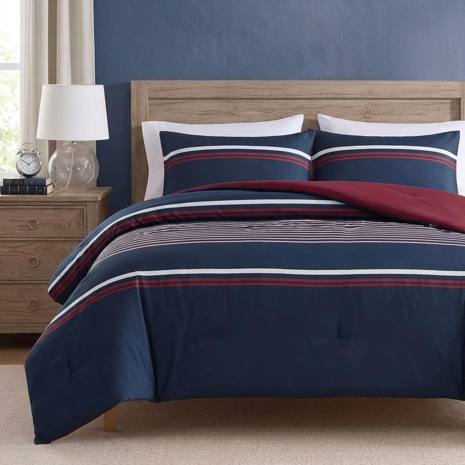 Nautica - King Comforter Set, Cotton Reversible Bedding with Matching Shams, Medium Weight for All Seasons (Mineola Navy, King)
