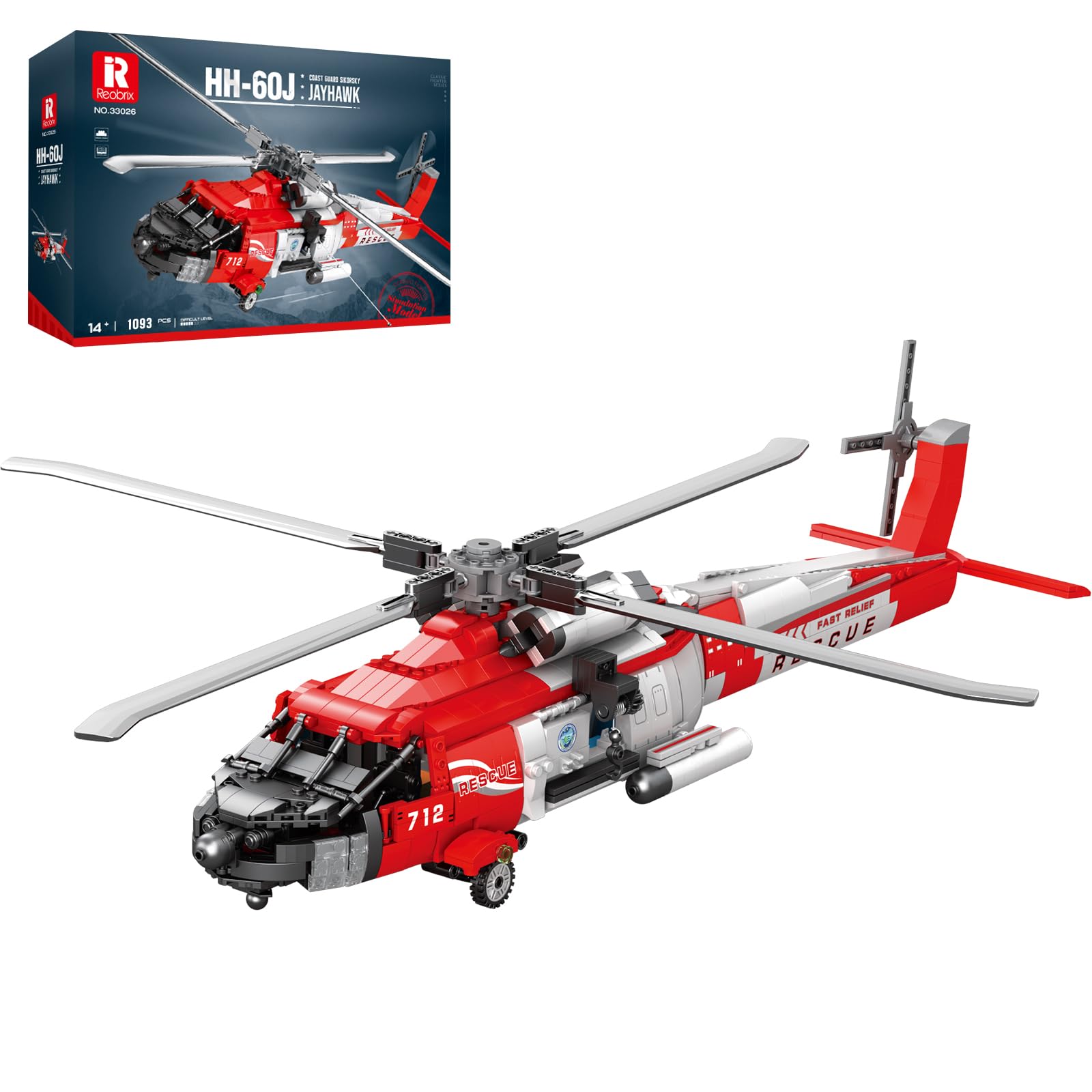Reobrix HH-60J Rescue Helicopter Building Toy Set, Military Army Helicopter Toy Aircraft Model Kit, 33026 Airplane Bricks Plane Model Collectible Home Decor, Gifts for Adults Boys Kids 14+ (1137Pcs)