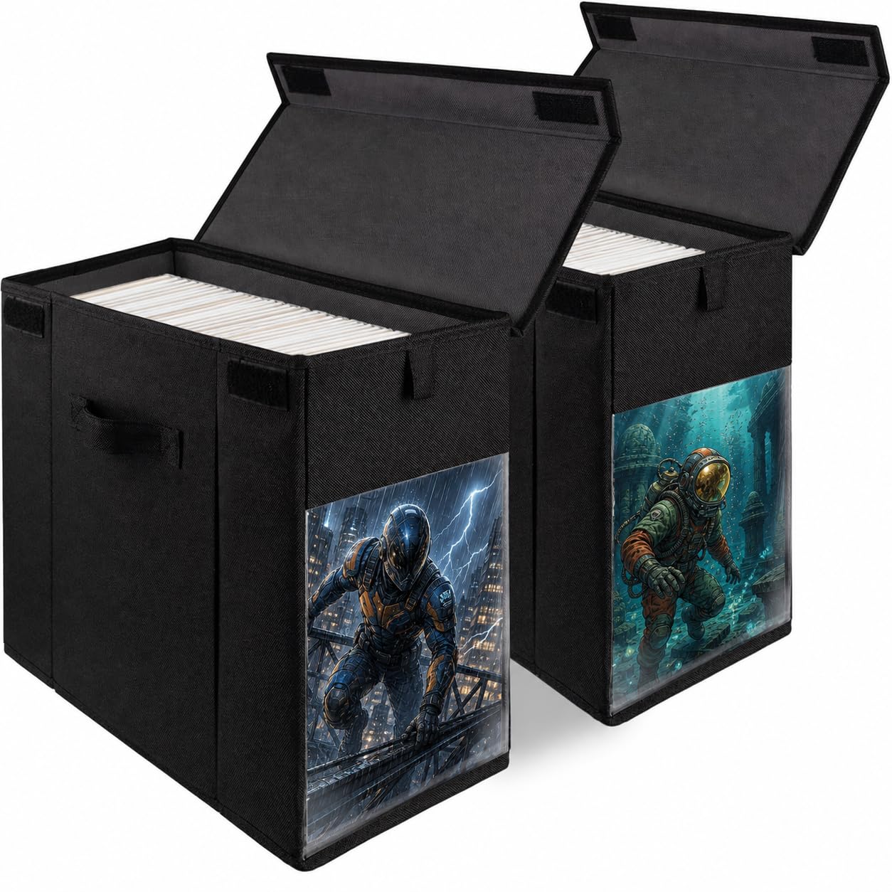 kroucoco Collapsible Comic Book Storage Box with Lid, Black, 2 Pack, Heavy Duty Organiser for Comics, Magazines and Documents