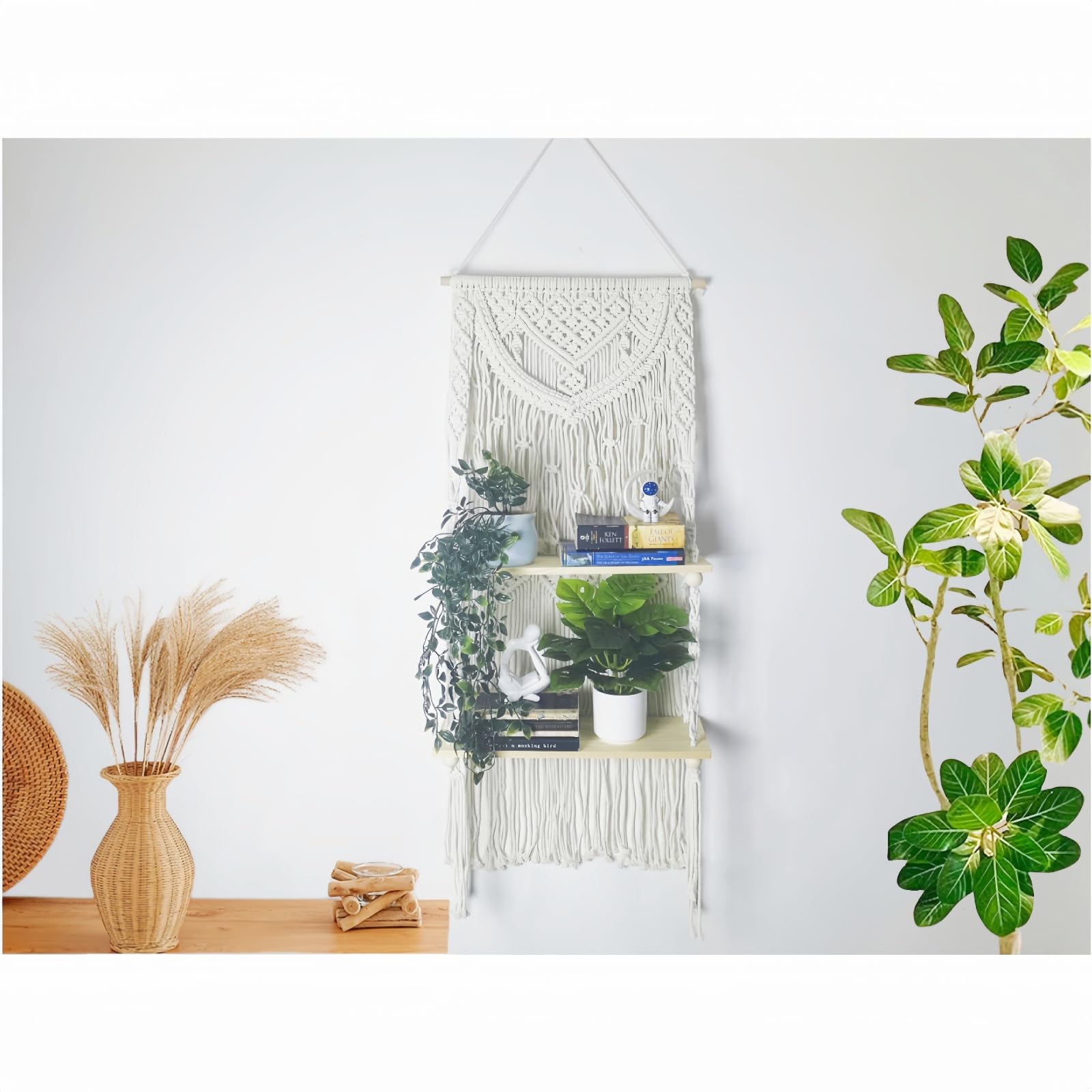 MELLAQUEST Macrame Wall Hanging Shelf - 2 Tier Boho Shelves with Woven Rope Handmade Floating Plant Shelf, Bohemian Home Decor,Shelf Organizer for Kitchen, Living Room?Bedroom?Bathroom(17.7