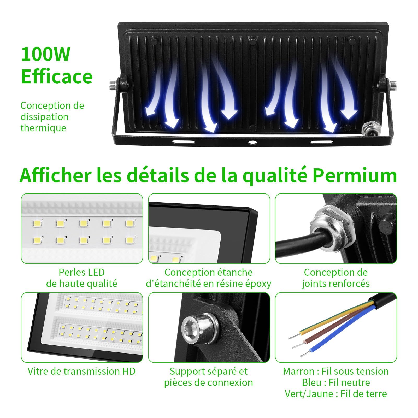 Lot de 2 Projecteur LED Extérieur 100W 10000LM Superlumineux, 6500K Blanc Froid IP66 Etanche pour Patio, Garage, Jardin, Terrasse, Usine