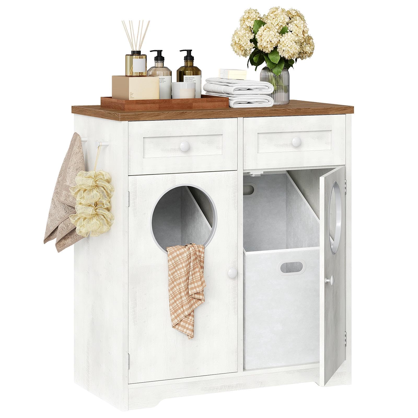 HOOBRO Mobile Portabiancheria per Bagno con Doppio Cesto Portabiancheria Inclinabile, Mobiletto Bagno con 2 Cassetto, 2 Sportelli, per Bagno, Lavanderia, Bianco e Noce EWHZ36XY01