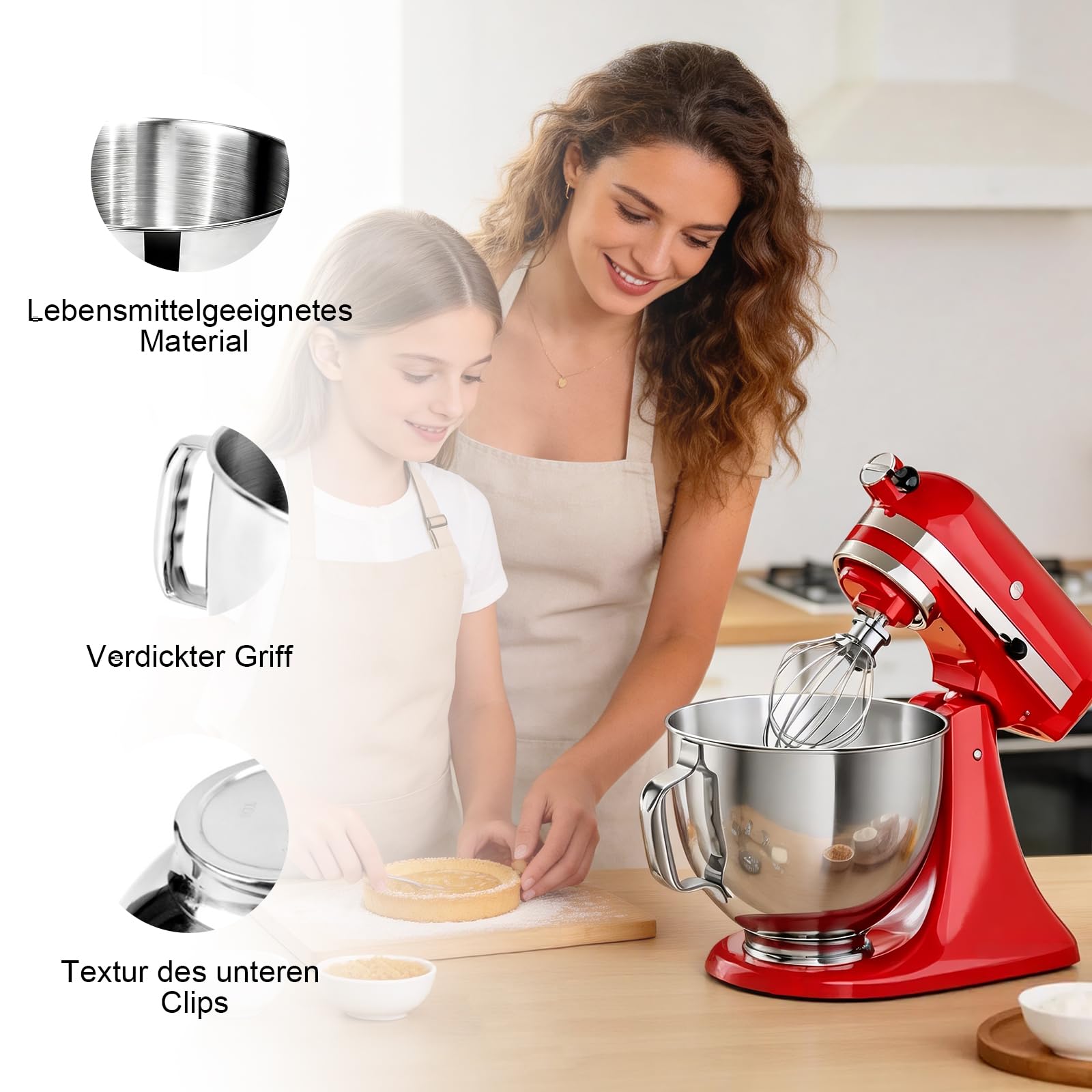 Edelstahl Schüssel für Kitchen Aid 4,5-5 Quart Standmixer, Eiscrememaschine Aufsatz,Schüssel Silber Ersatzteile,Standrührer Edelstahlschüssel mit Griff Rührschüssel Ersatz