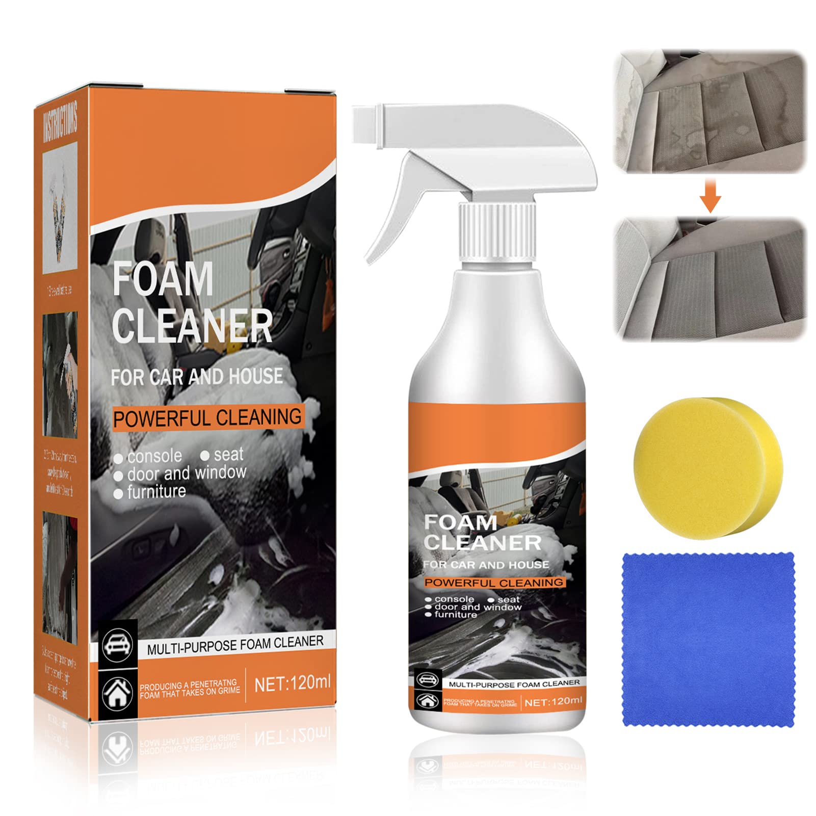 Multifunctional Car Foam Cleaner, Foam Cleaner Cleaning Spray, Multi Purpose Foam Cleaner, Multipurpose Foam Cleaner, No Flushing Car Interior Cleaning, Foam Cleaner for Car and House (120ml) (1)