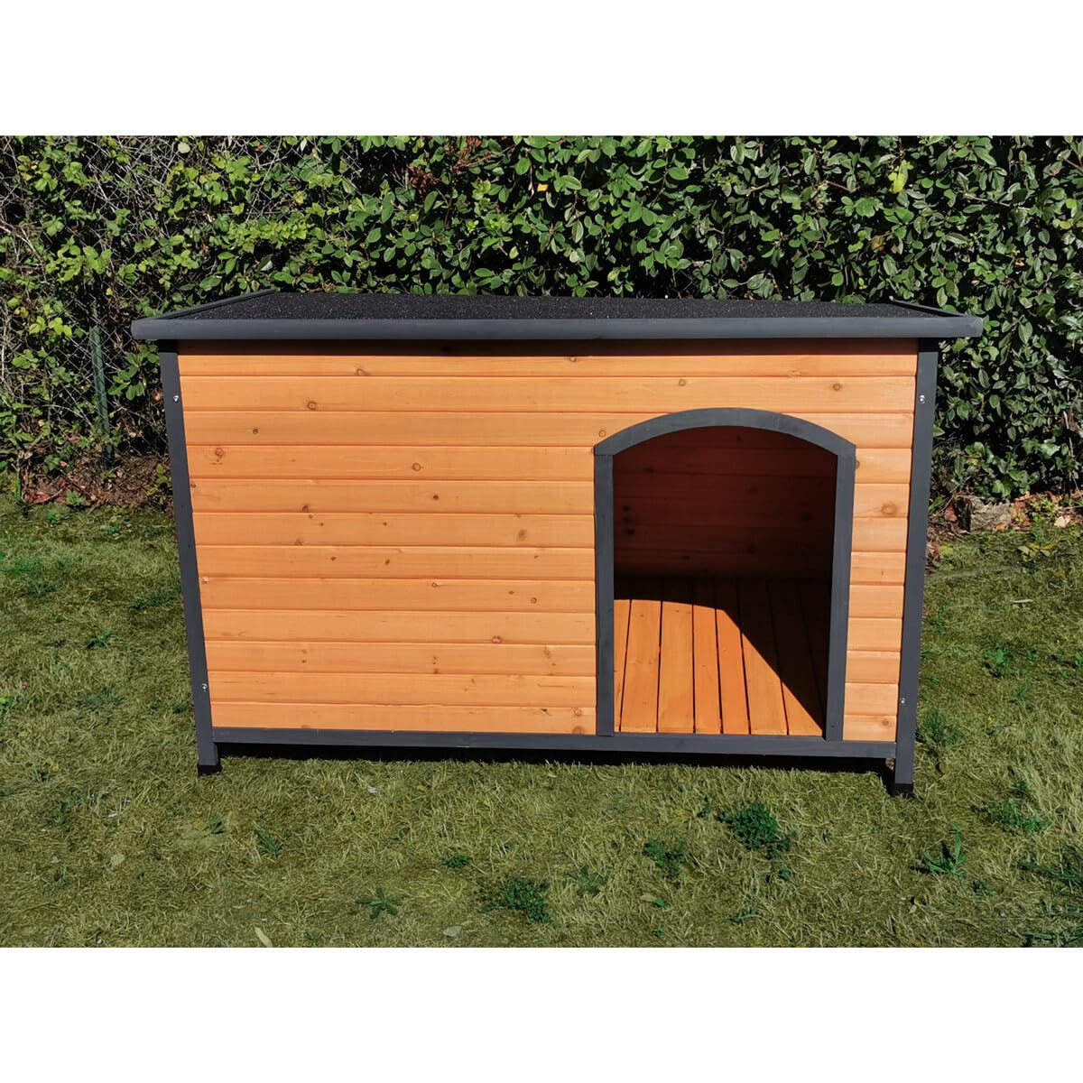 Animal Valley - Nicho para perros Natura con techo plano corredizo - Madera y Plástico - L 150 x 90 x 95 cm - Talla XXL - Beige y Gris - para perros grandes