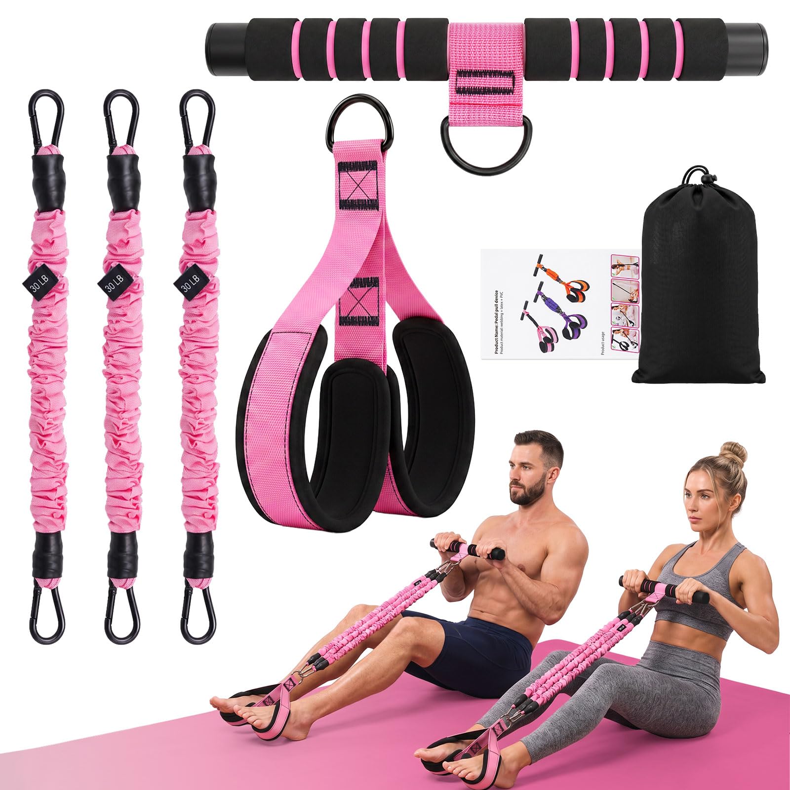 Margolongte Upgraded Multifunction Pedal Resistance Band with Handle, 3 Tube Adjustable Resistance Bands for Abdomen, Waist, Arm, Core/ABS, Leg Workout – Sit Up Exercise Equipment for Women (Pink)