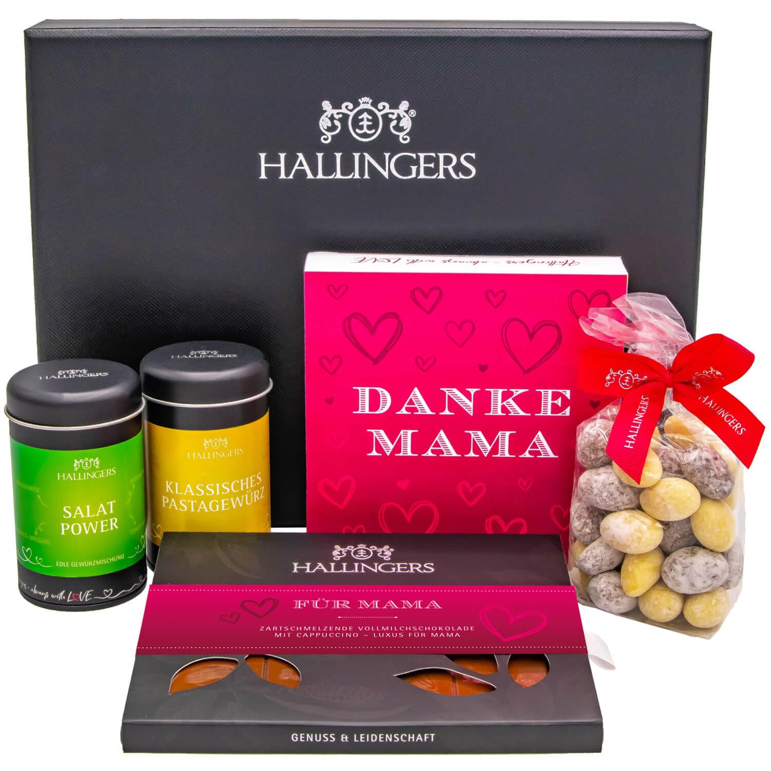 Hallingers Genuss Manufaktur Feinkost Muttertagsgeschenk-Set - XXL-Geschenkkorb "Muttertag Box pink" großes Mitbringsel Schokolade, Pralinen, Gewürze & Nougatmandeln, Geschenkidee für Mama Oma