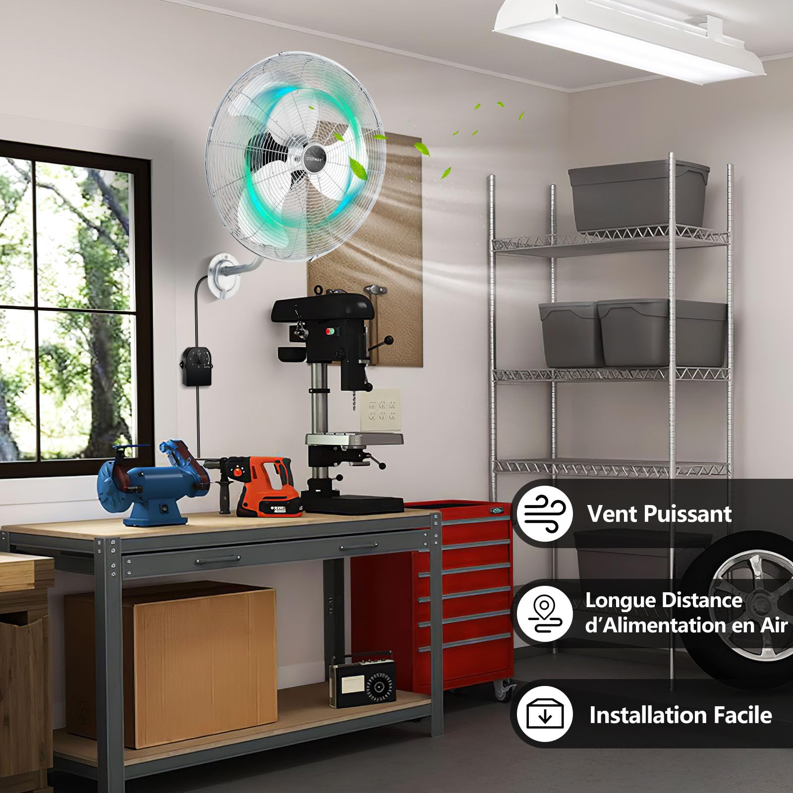 COSTWAY Ventilateur Mural Industriel Ø56 cm 120W 3 Vitesses, Ventilateur Domestique Pales en Aluminium Tête d'Inclinaison Réglable à 30° Oscillation à 85° pour Entrepôt Atelier (Argenté)