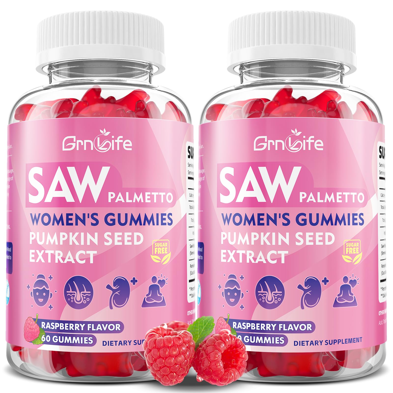 2 Pack Saw Palmetto Gummies for Women, Sugar Free Saw Palmetto with Pumpkin Seed Oil for Hair Growth & Skin Health, Vegan, Raspberry Flavor, 60 Count 120 Count (Pack of 1)