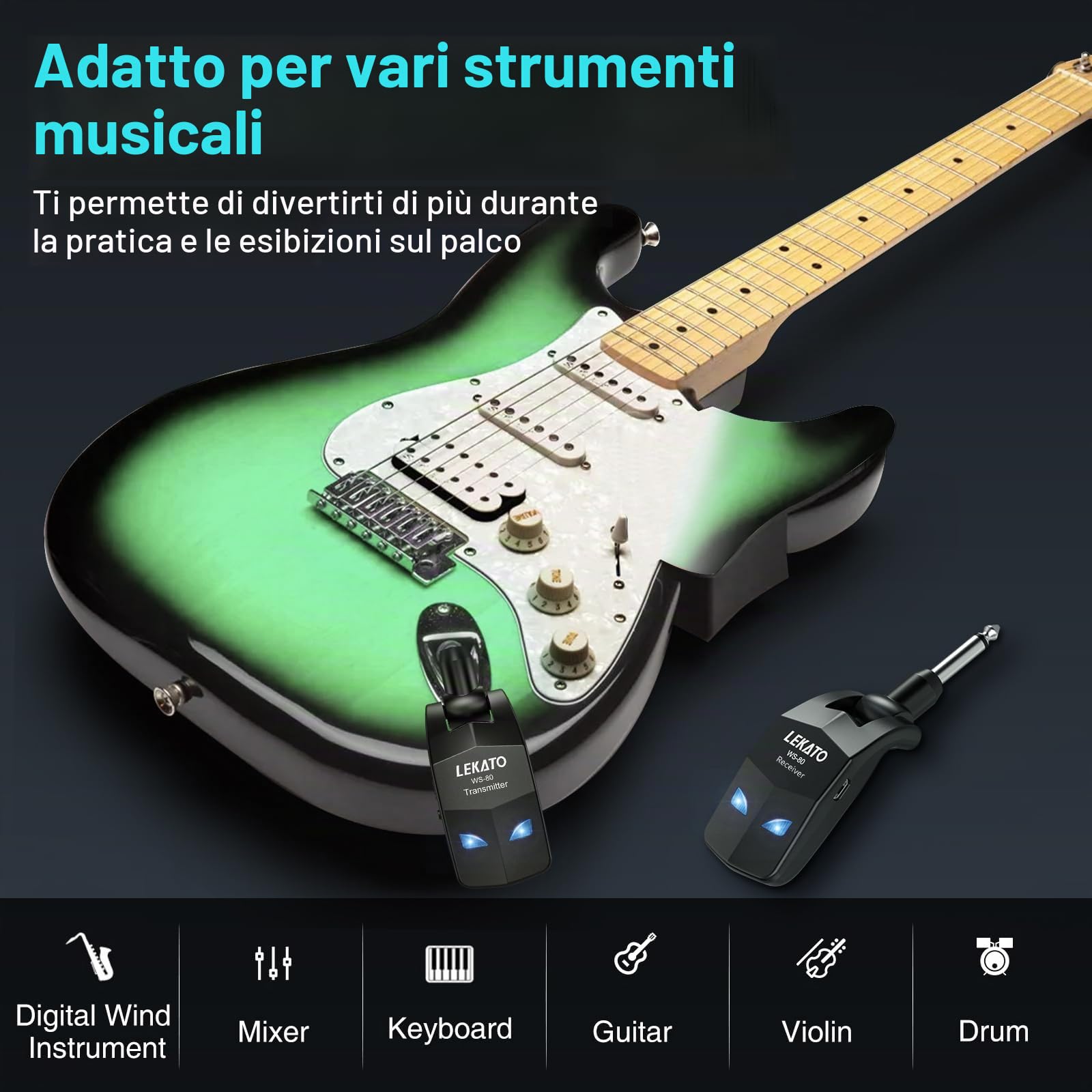 LEKATO Ricevitore Trasmettitore Wireless per Chitarra 2.4GHz Cavo per Chitarra Runtime 8H Dispositivo Wireless Ricaricabile per Basso Digitale per Basso(WS80)