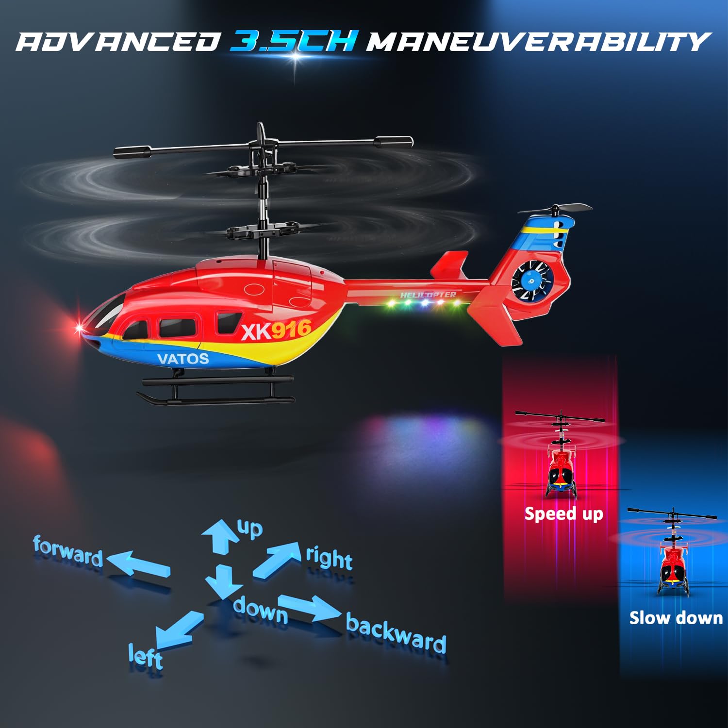 VATOS Helicóptero teledirigido, 2.4GHz Altitud Birdy RC Helicópteros con giroscopio y luz LED, una tecla de despegue y Aterrizaje, 3.5 CH RC Aviones de Juguete para niños Adultos Principiantes