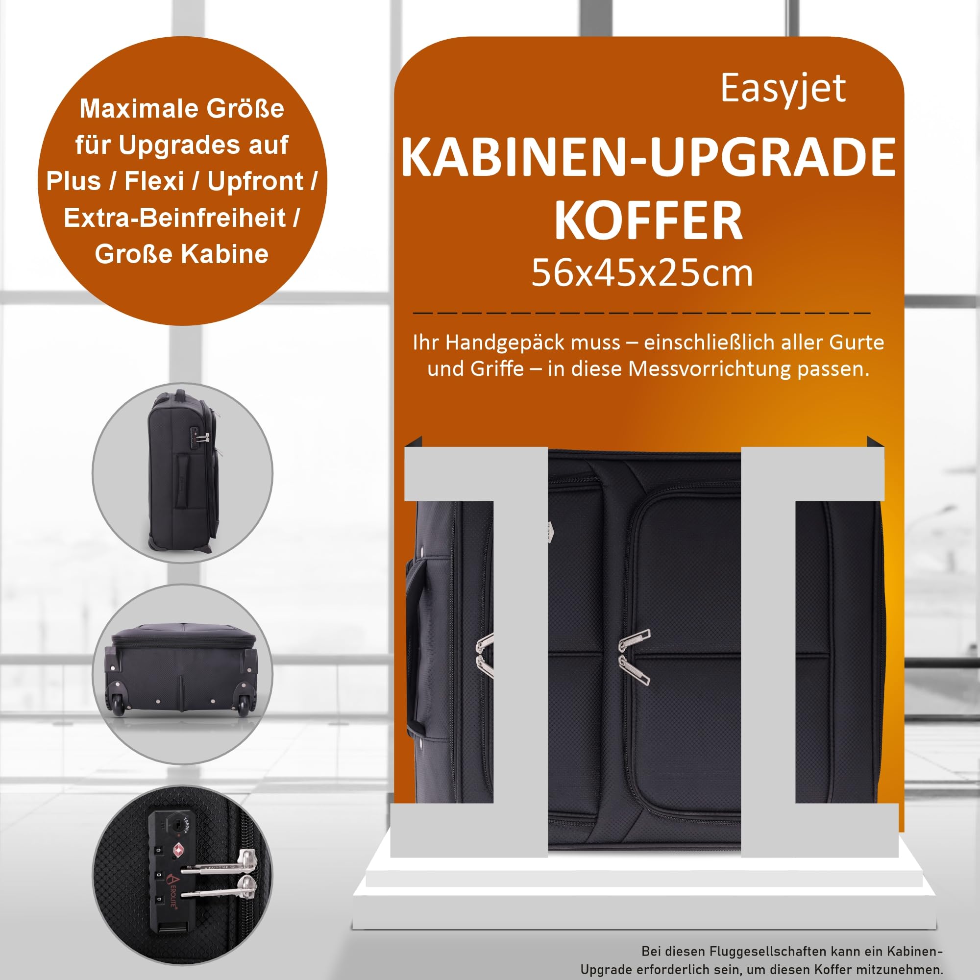 Aerolite 56x45x25 Trolley Koffer easyJet, British Airways, Jet2, Wizz Air Maximum Höchstbetrag 2 Rollen 60L Leichte Handgepäck Bordgepäck Kabinentrolley Reisekoffer Gepäck, 10 Jahre Garantie Schwarz | Für 56x45x25cm easyJet, British Airways, Jet2, 60L, Le