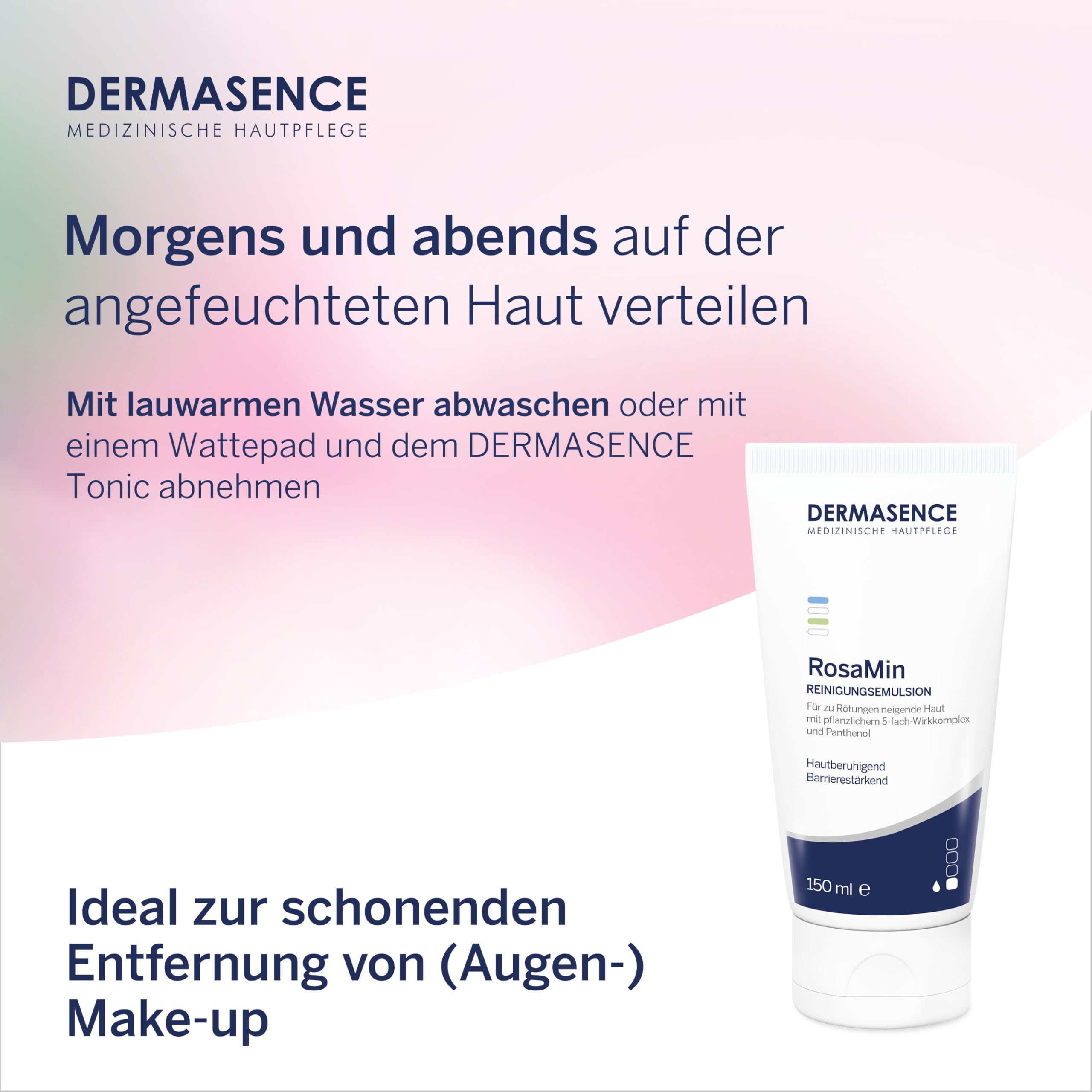 DERMASENCE RosaMin Reinigungsemulsion, 150 ml – Milde Gesichtsreinigung bei Rötungen, parfümfrei, seifenfrei, ideal bei empfindlicher Haut und Rosacea, Make-up-Entferner, feuchtigkeitsspendend, vegan