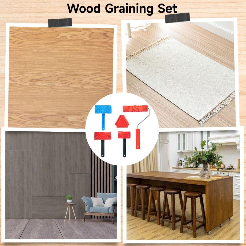 5-Piece Wood Graining Tool Kit, Rubber Rollers For Realistic Wood Texture, Ideal For Walls, Floors, And Furniture Art Projects
