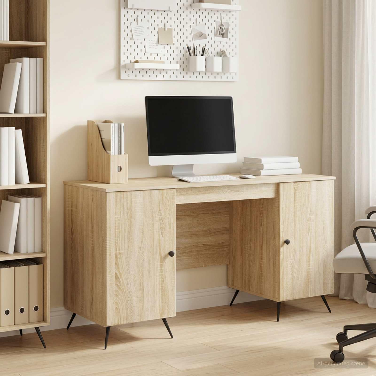 Scrivania Rovere Sonoma in legno ingegnerizzato 142,5 x 50 x 75 cm con cassetto e ripiani, postazione lavoro versatile per ufficio, studio, smartworking e gaming a casa