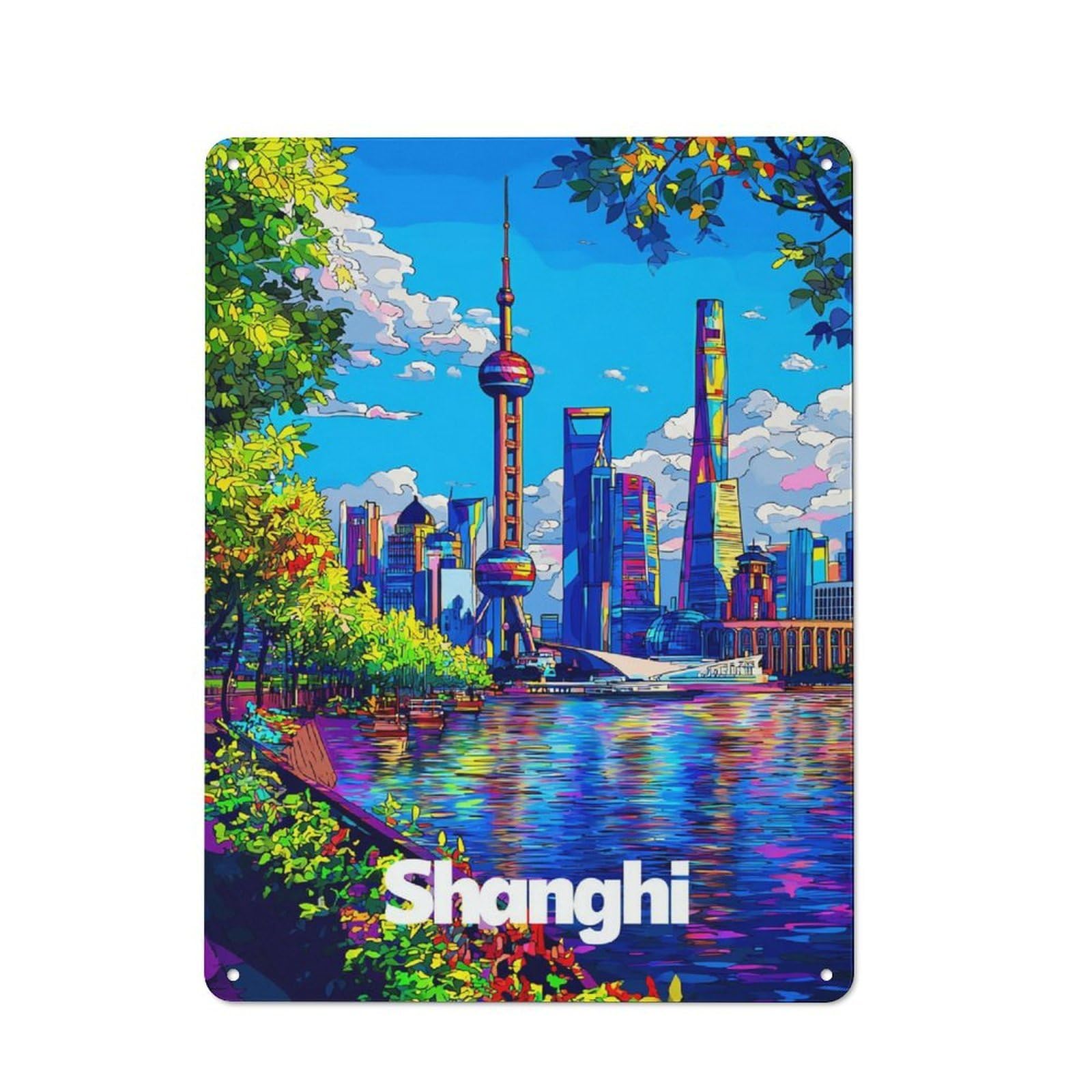 Junmoney Colorful Shanghai Skyline -1 Metal Plaque With Design 40X30cm, Cosy Diner Style Decor For Coffee Bar, Kitchen, Bistro Or Tea Corner