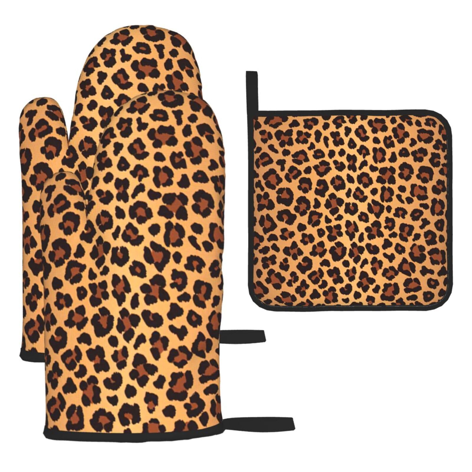 Leopard Pattern Print Oven Kitchen Gloves For Baking Outdoor Grilling Home Use Mitts Microwaving Bbq