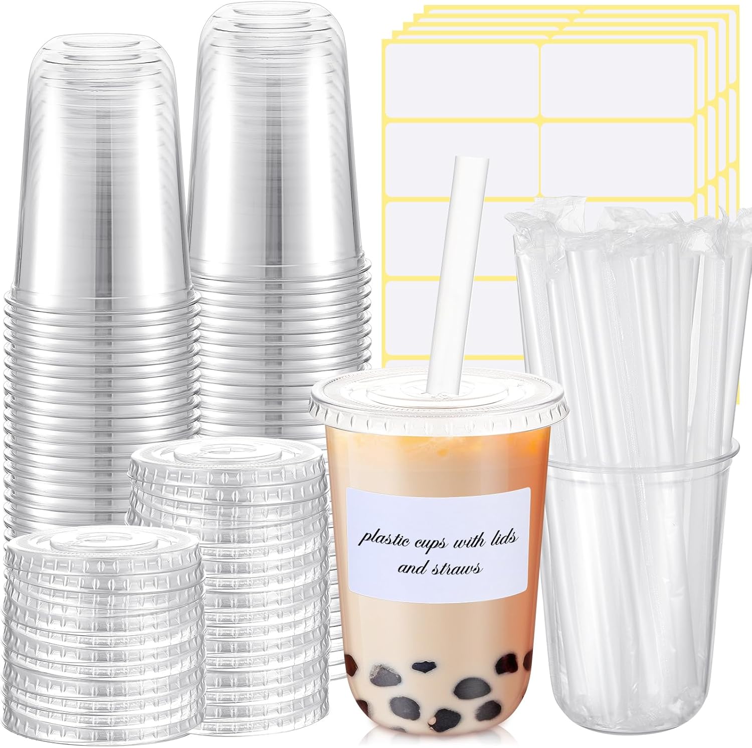 Ziliny 50 Sets Crystal Plastic Clear Cups with Lids, Straws and Stickers, Disposable Iced Coffee Cups Thickened PET for Iced Coffee, Bubble BobaTea, Smoothie, Cold Drinks, Juice, Shops (16 oz)