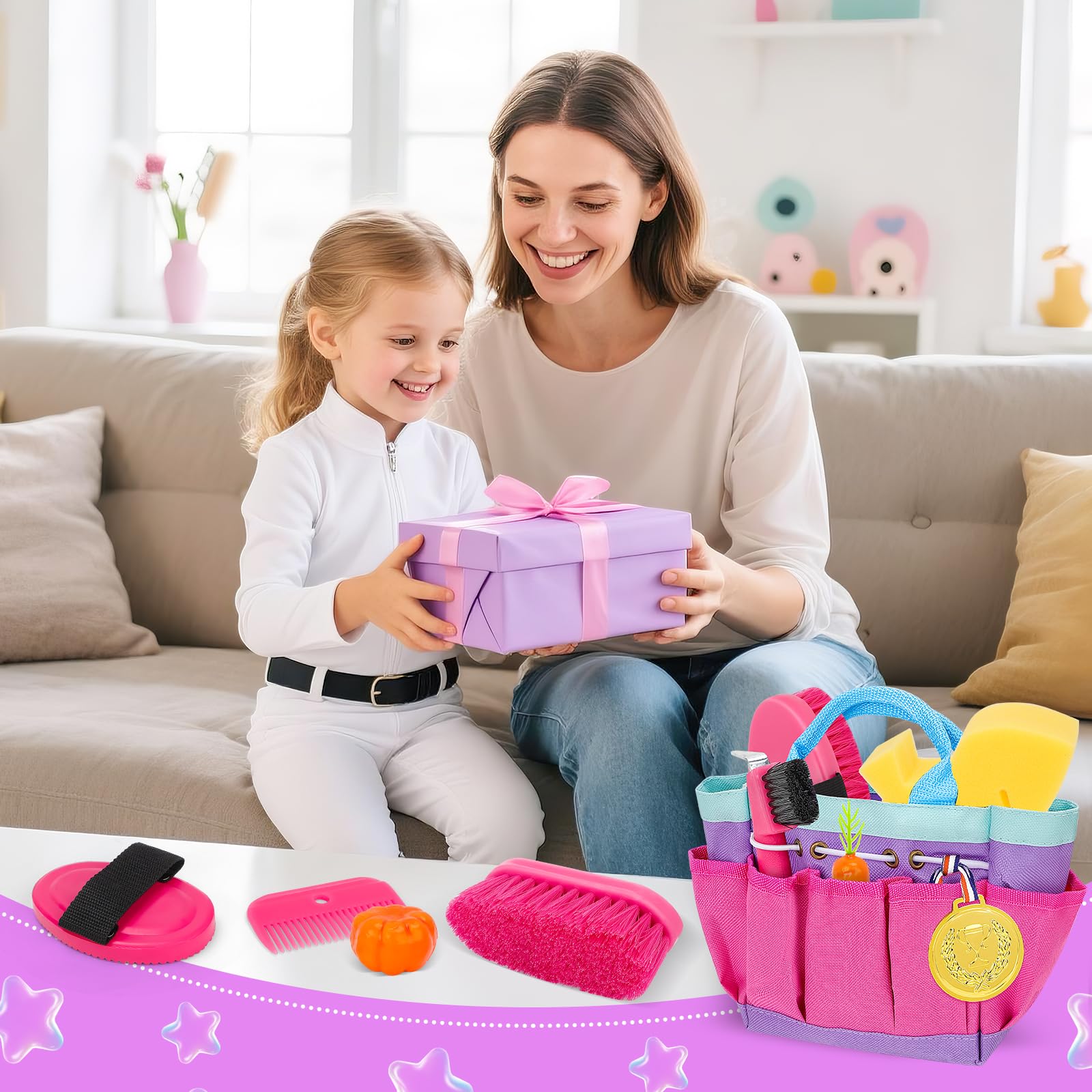 deAO Set de Cuidado de Caballos con Bolsa, Utensilios de Limpieza para Caballos para Niños con Cepillo, Guantes, Cepillo de Masaje, Peine para Crines, Rascador de Cascos, Esponja para Caballos (Rosa)