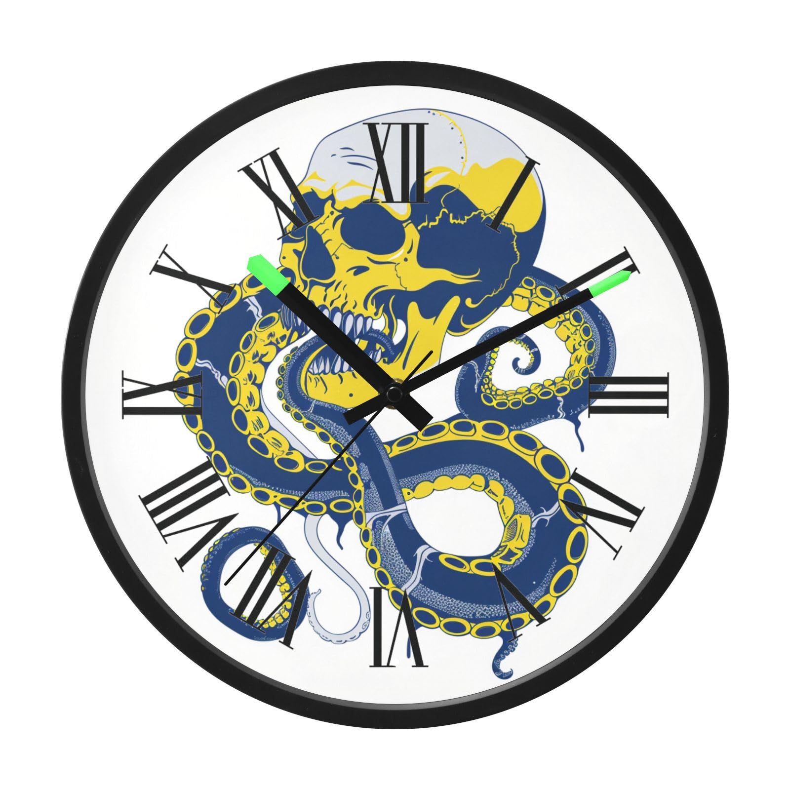 Horloge murale lumineuse et silencieuse de 30 cm avec cadran crâne bleu et jaune