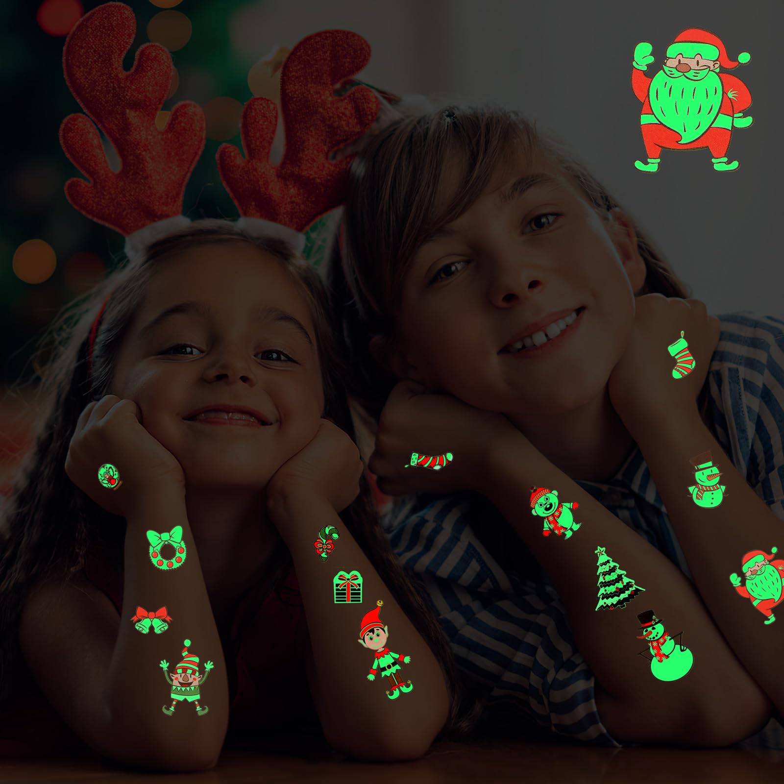 JUNEBRUSHS Glowing Christmas Temporary Tattoos for Kids 208Pcs Kids Tattoos 20 Sheets Christmas Stocking Stuffers Glow in the Dark Decorations for Boys Girls Christmas Face Makeup Gift Filler - Image 3