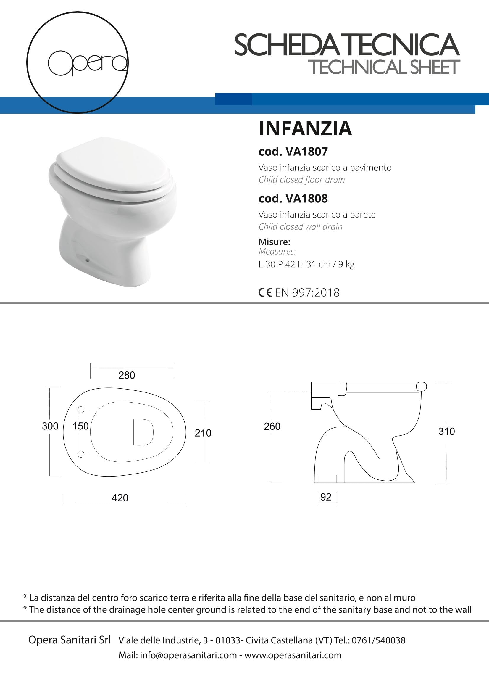 OPERA SANITARI Wc infanzia scarico "S"a terra | INFANZIA | BAGNO BAMBINI