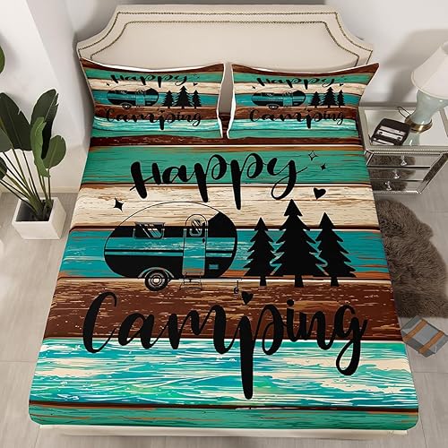 Vista 108 de Juego de sábanas para cámper tamaño matrimonial para niños y niñas, sábanas de madera para adolescentes de Happy Camping Farm, accesorios de Multi 04