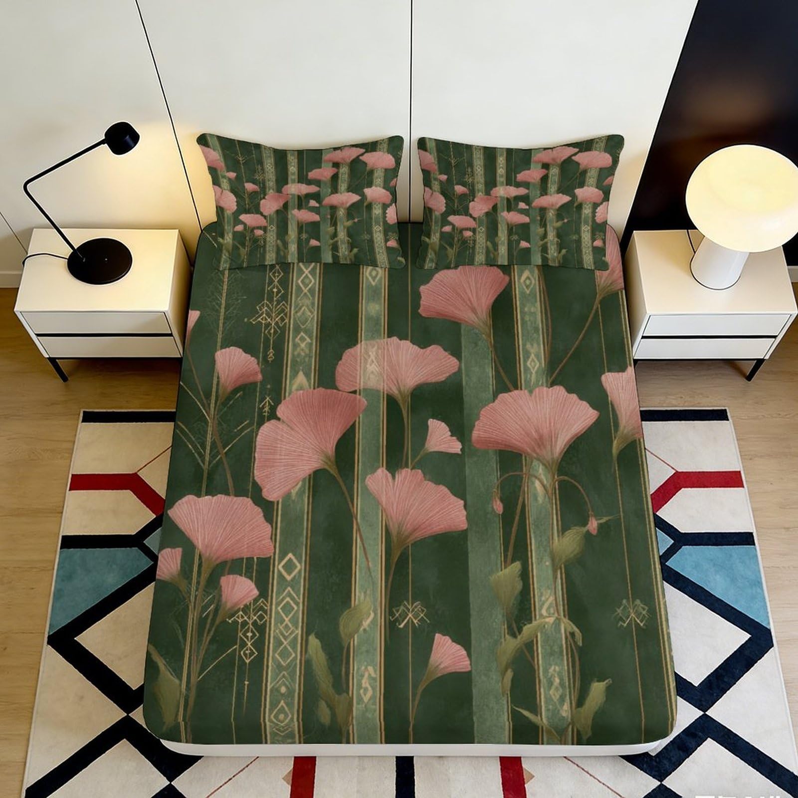 3D Printed Bamboo Blossom Fitted Sheet Microfiber Deep Pocket Bedroom Bedding Bamboo Blossom Mattress Fitted Cover Washable Protection 200x200x25cm