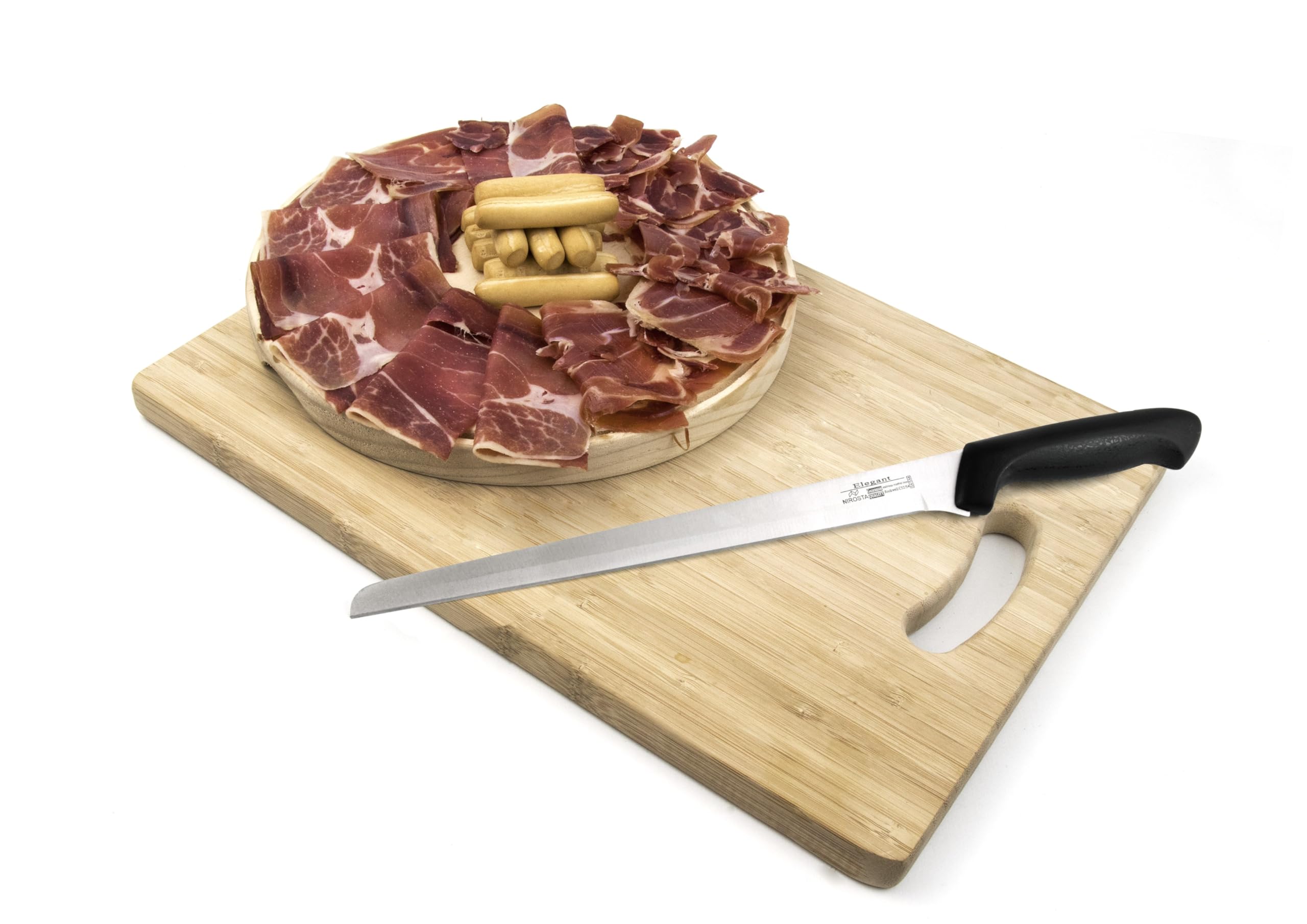 Fackelmann Set Soporte Jamonero Fijo Acero Inoxidable, 49x34 cm, Especial Jamones Grandes, Incluye Cuchillo Jamonero 34/34 cm y Chaira