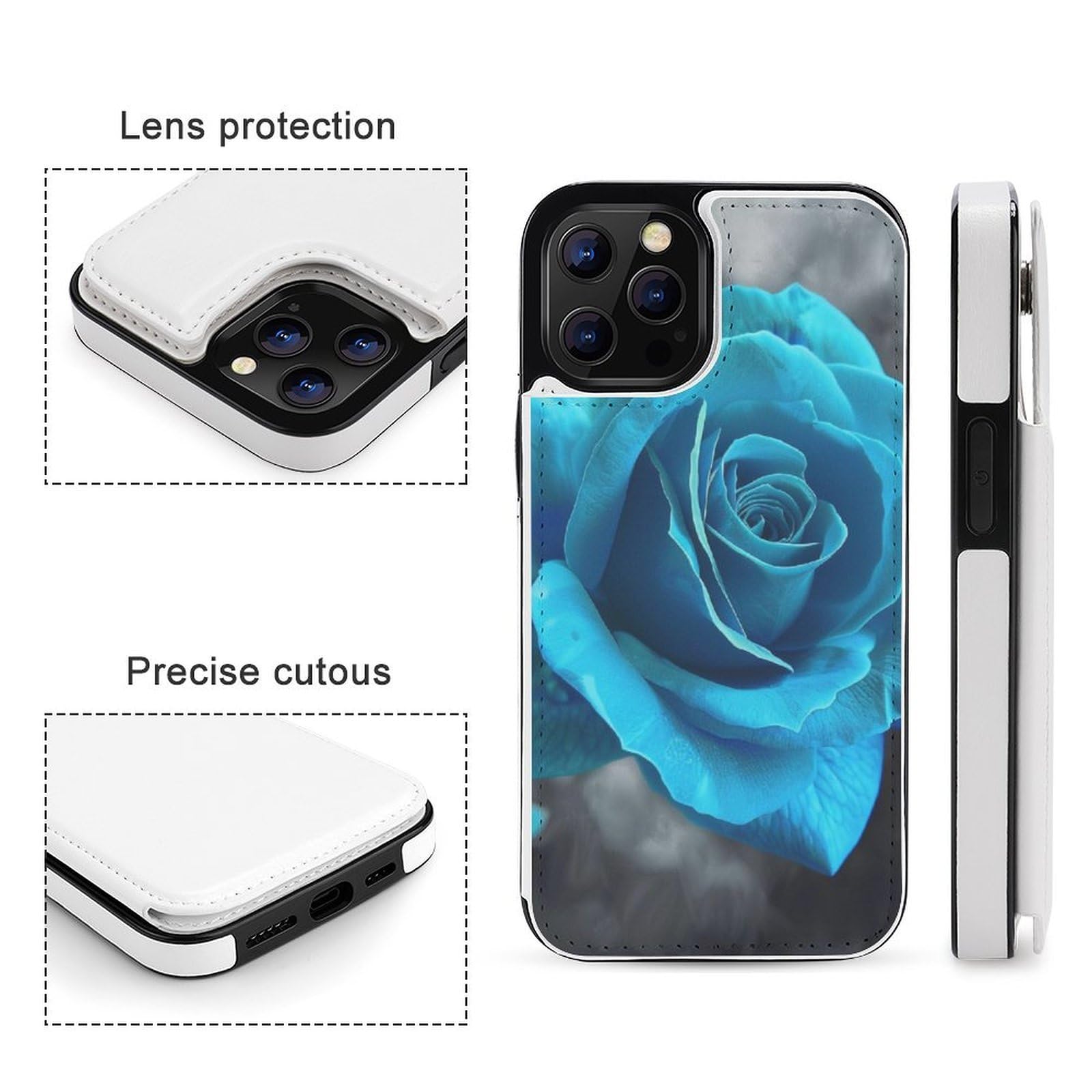 Fundas tipo cartera para iPhone 12 Pro Max, funda de piel con tapa y ranuras para tarjetas con estampado de rosas azules