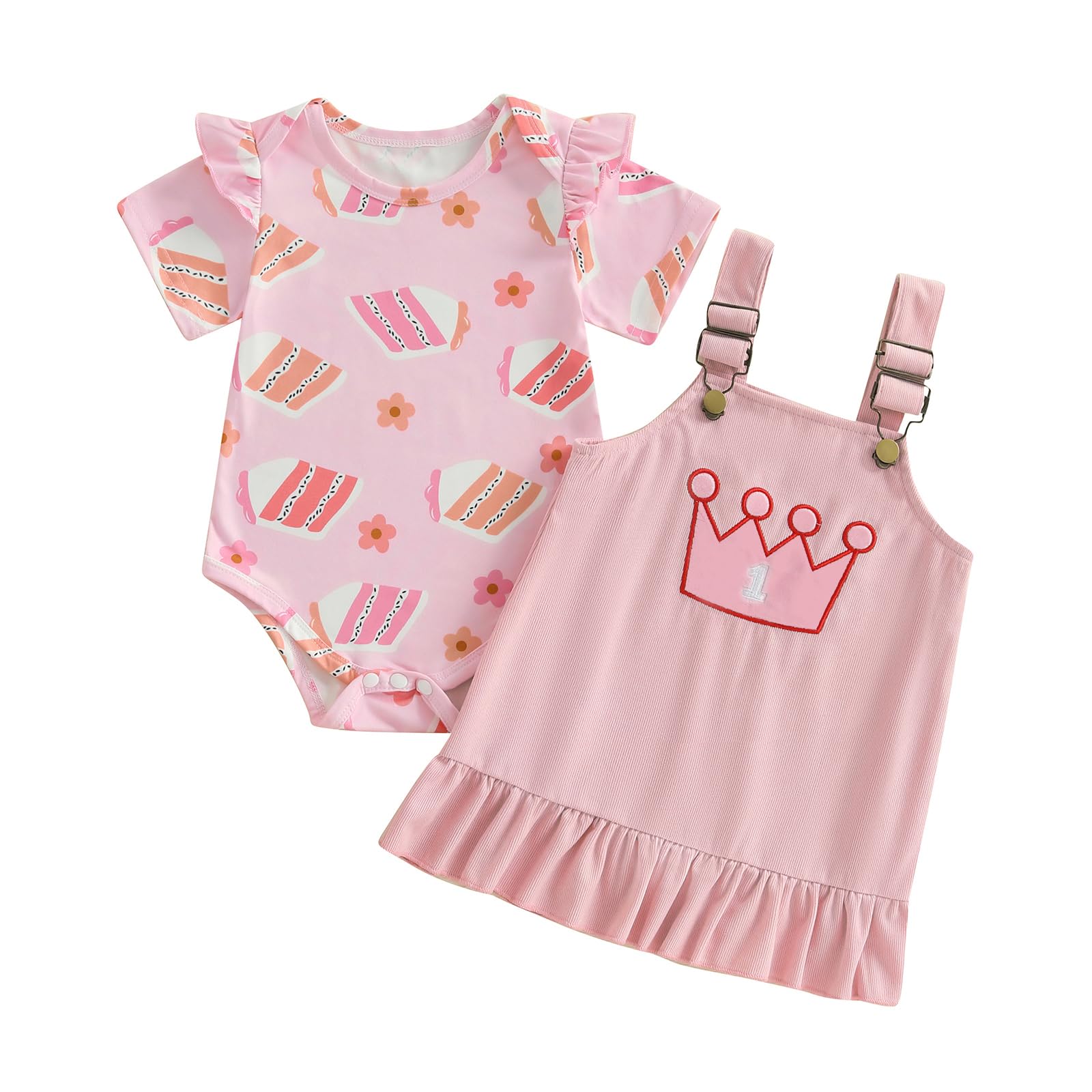 JLKGICF Baby Girl First Birthday Outfits Cute Print Short Sleeve Romper Tops Ruffle Suspender Skirt Toddler Summer Clothes (Cake Pink, 6-12 Months)
