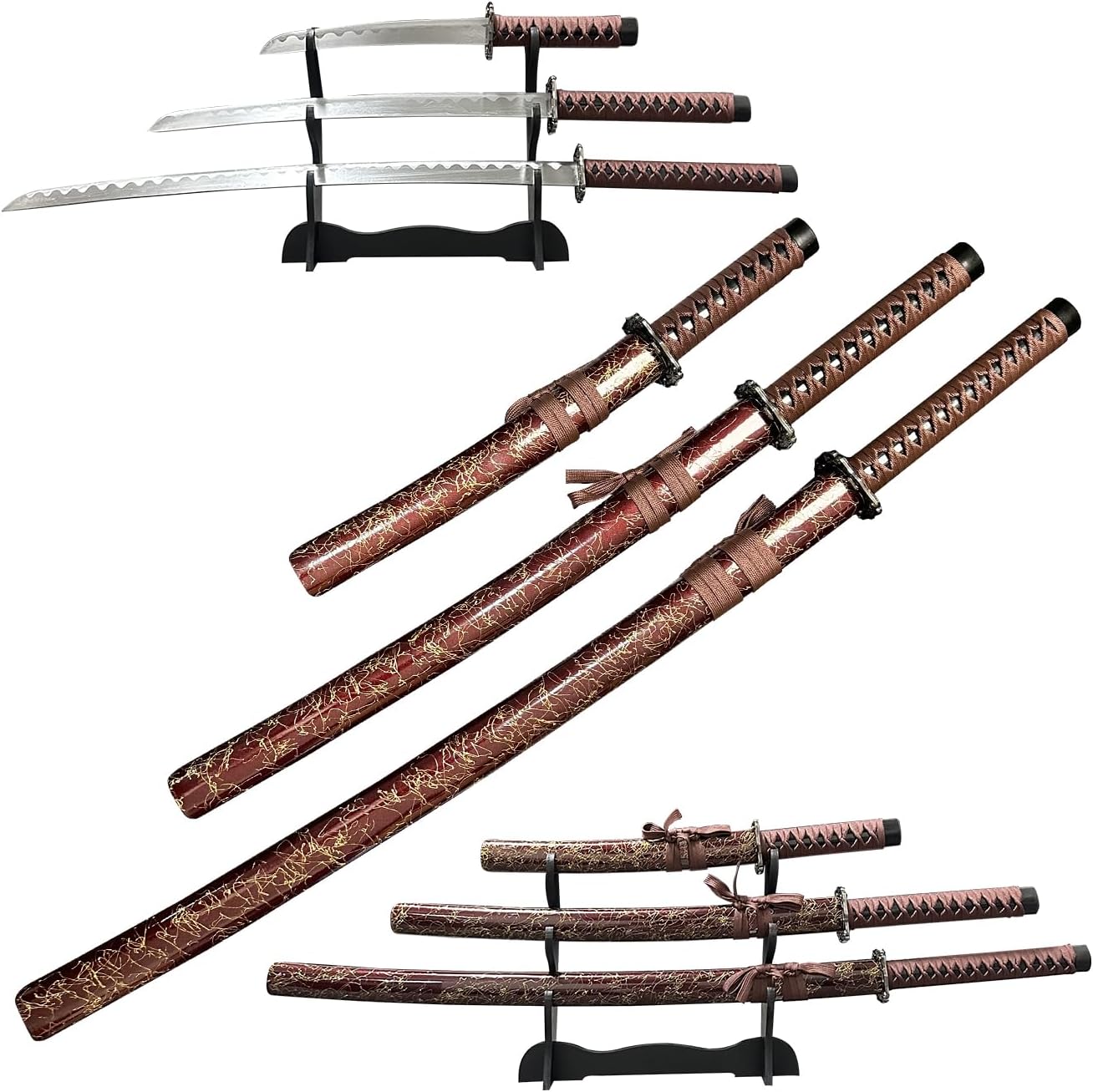 Decorative Samurai Sword Set, 3-Piece Katana Collection with Display Stand, 39.3/31.1/20.4 inches
