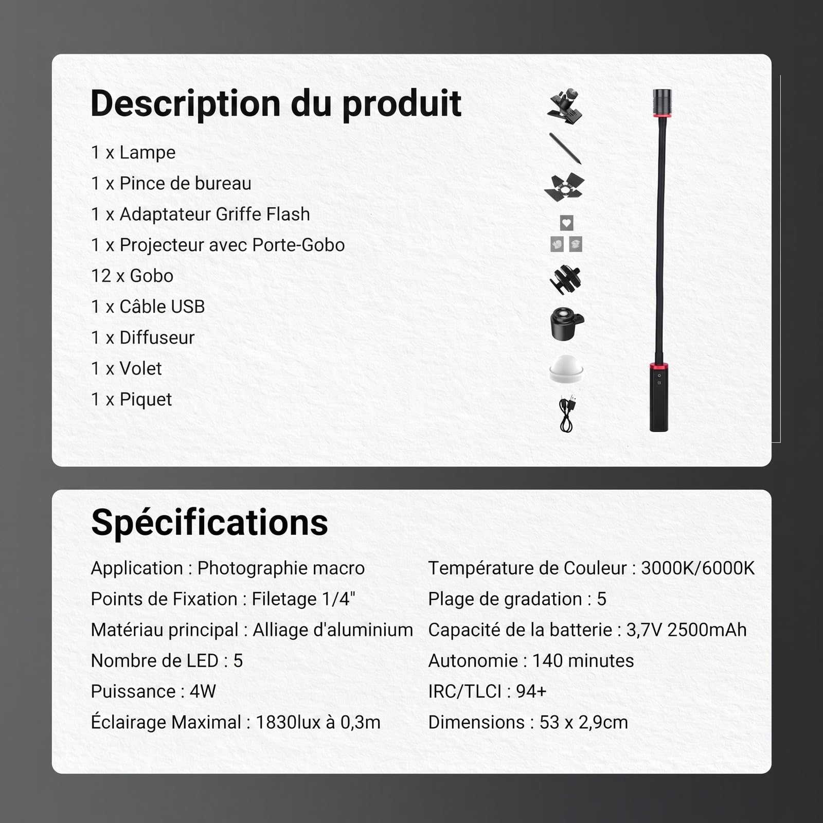 NEEWER Basics ML01 Lampe LED USB C pour la macrophotographie, 4W, IP54, Faisceau Flexible et réglable, 1700lux, IRC 95, 5 Couleurs RVB, Batterie 2500mAh, Griffe Porte-Accessoires, Pince