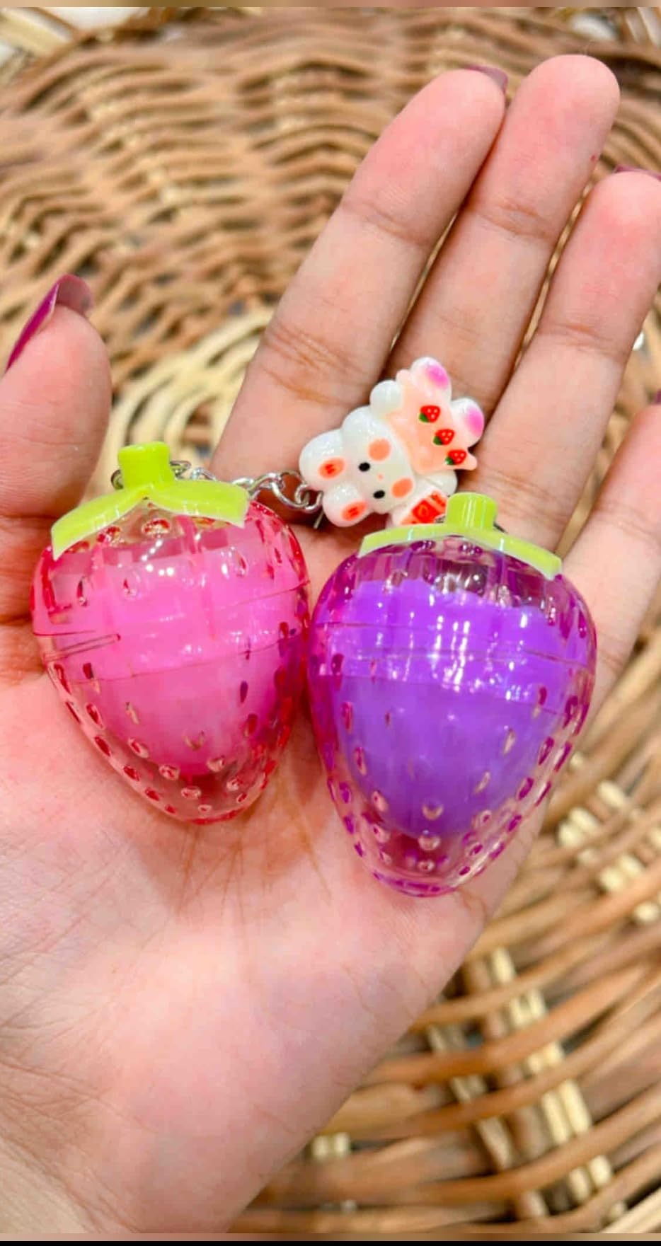 Strawberry Shaped Lip Balm Keychain, Pink and Purple, Cute Bear Charm, 2 Pack-image-13