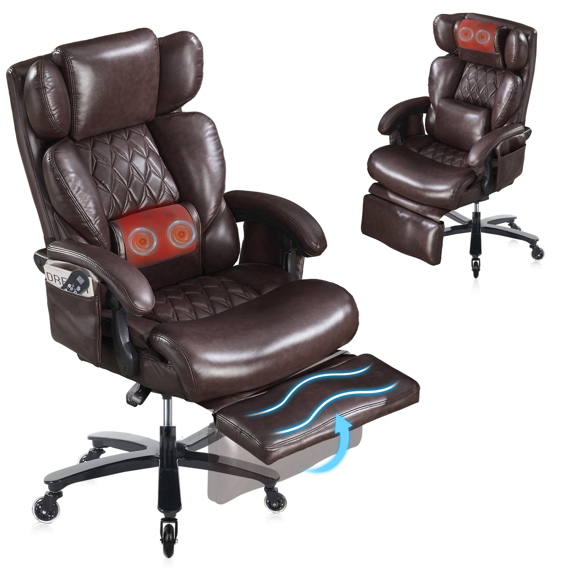 DEKKETO Bürostuhl Ergonomisch mit Fußstütze, Leder Chefsessel mit Massagefunktion, Verstellbare Kopfstütze und Lendenstütze, Rückenlehne, Drehstuhl mit Staufächern, Braun
