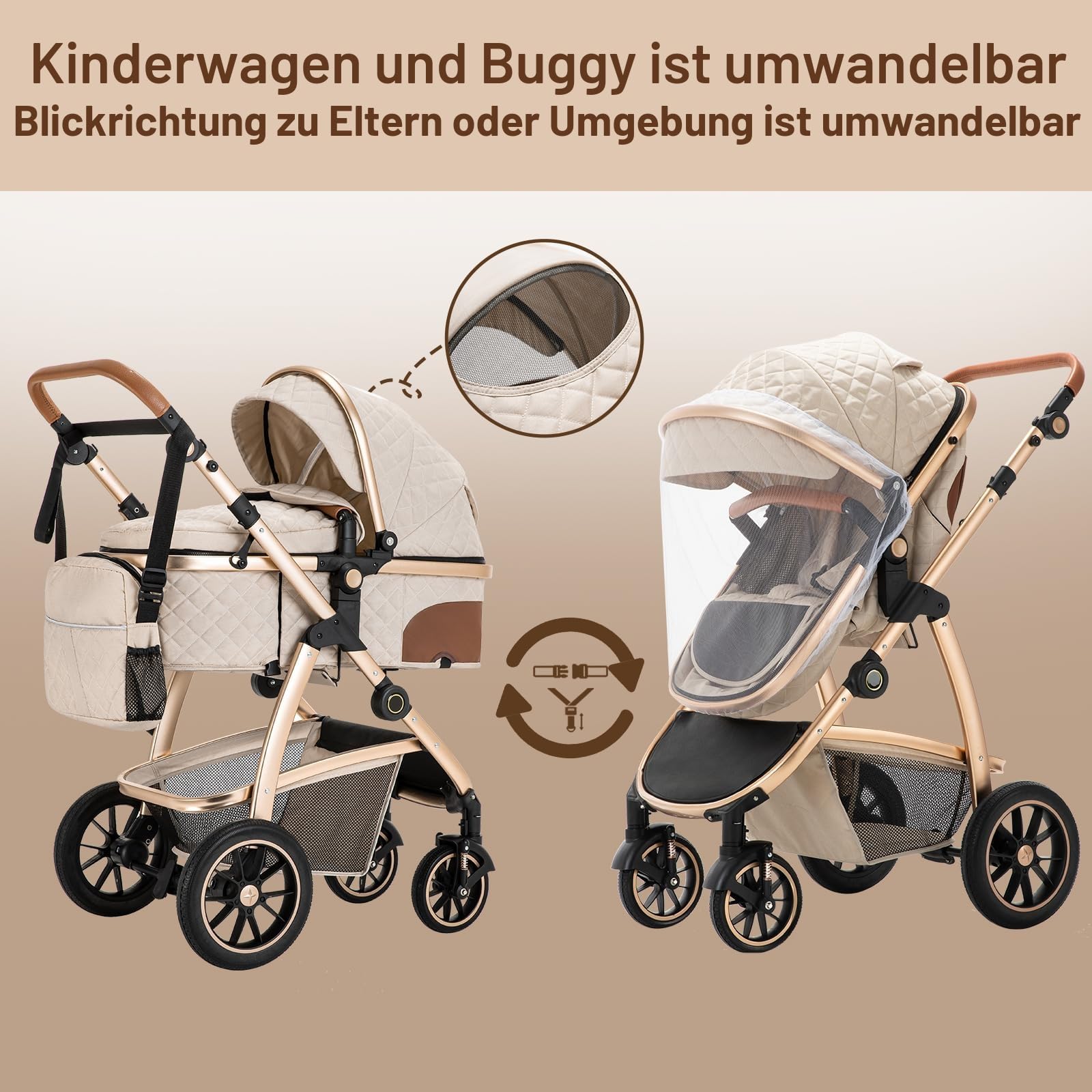 Kinderwagen 3 in 1 KombiKinderwagen mit Auto Babyschale, Aluminiumrahmen, höhenverstellbar, für Neugeborene 0-4 Jahre