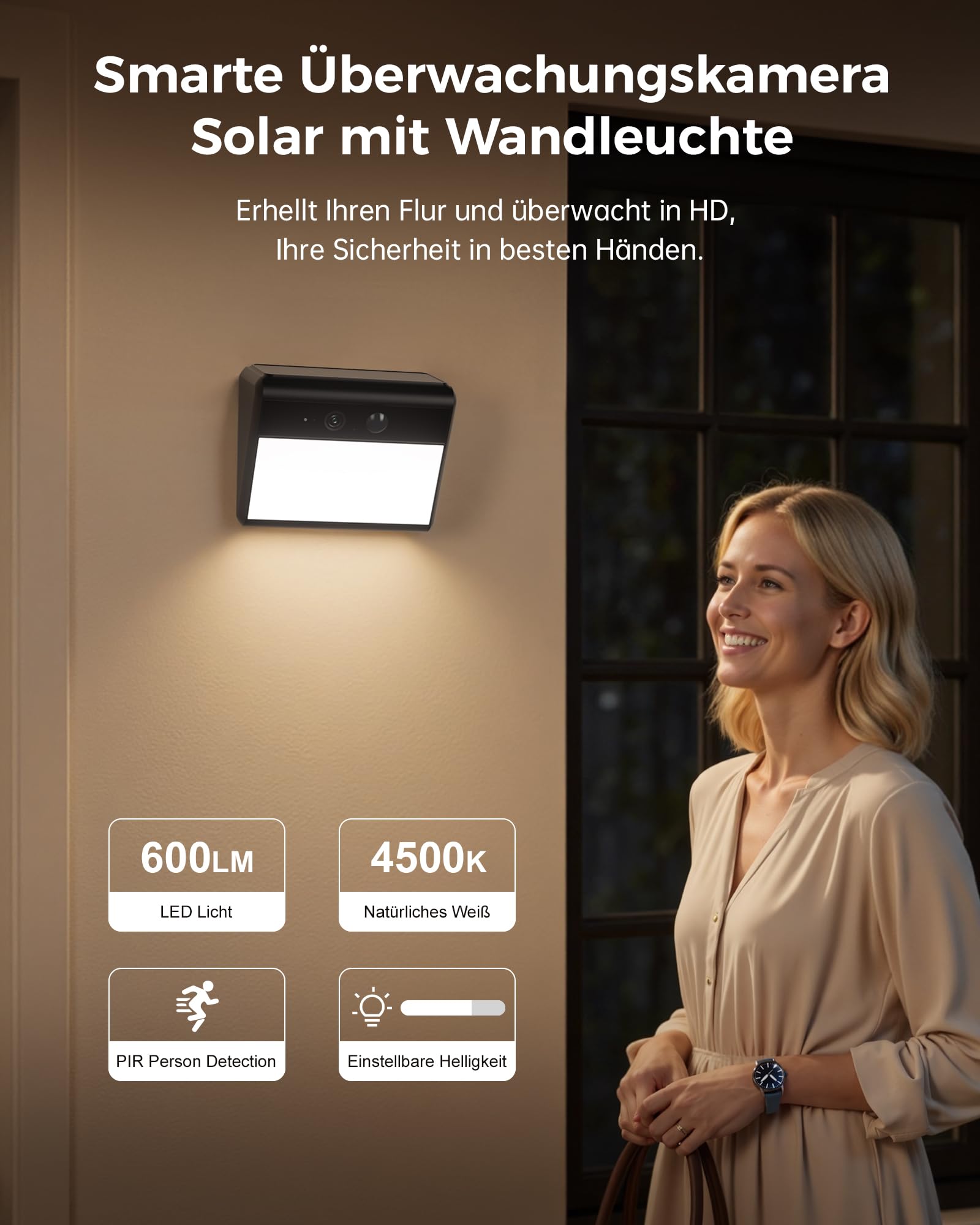 Woox 2K Überwachungskamera Aussen Solar mit Wandleuchte, bewegungsaktiviertes, Aussenkamera WLAN Kabellos Akku, mit KI-Erkennung von Personen/Tieren/Fahrzeugen, Farbe Nachtsicht,IP65 Wasserdicht