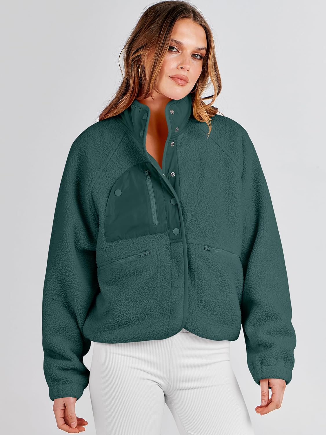 ANRABESS Womens Fuzzy Fleece Jacket Fall Casual Long Sleeve Cropped Sherpa Button Down Shacket Coats Outwear With Pockets - Image 3