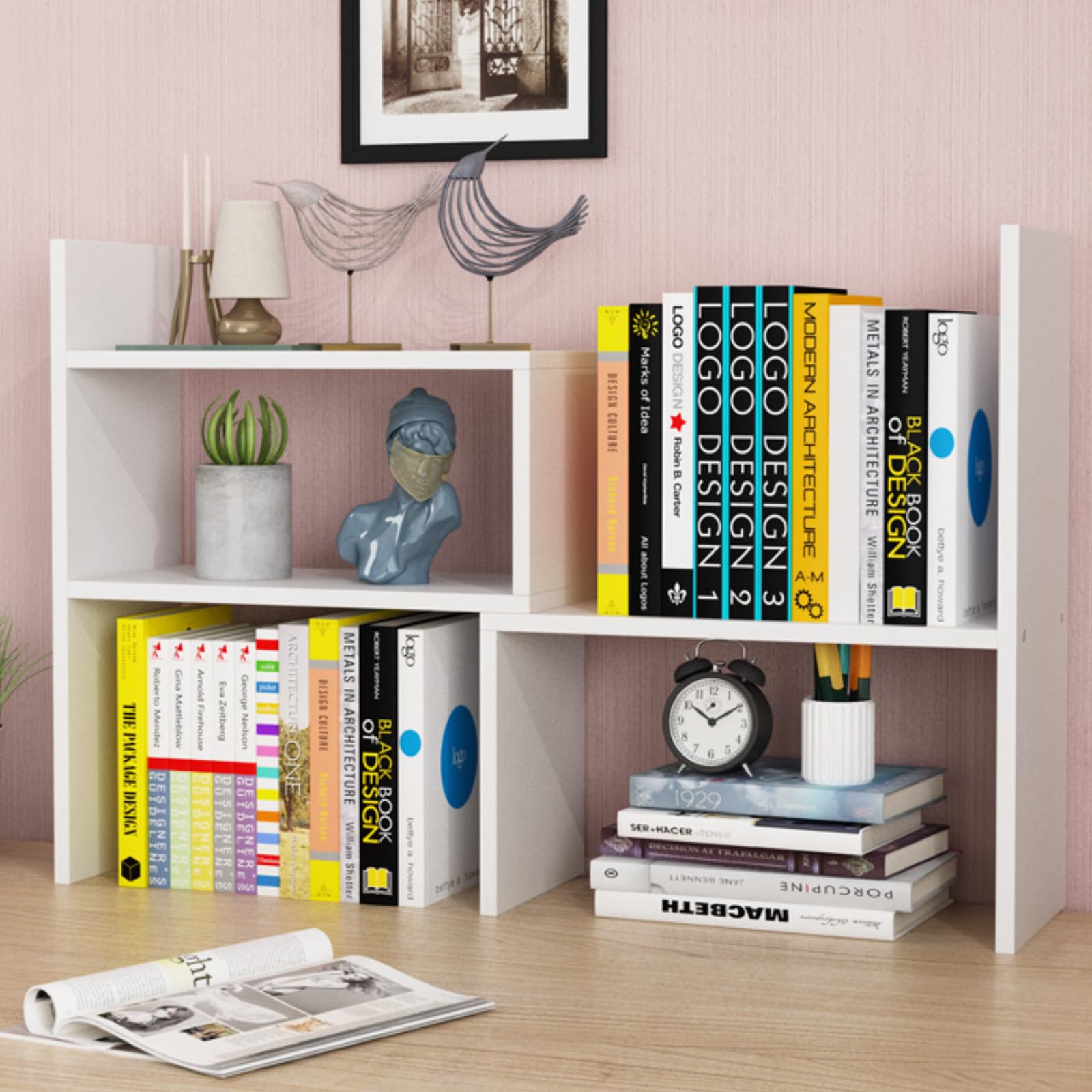 Étagère De Bureau Réglable EasyPAG - Organisateur Livres Et Fournitures, Blanc, 41x19x42 Cm