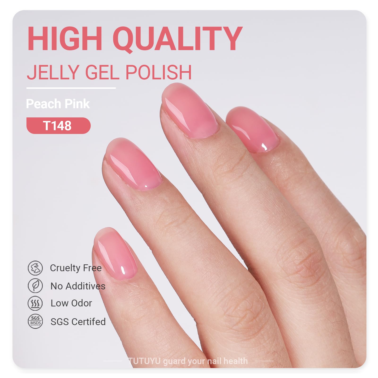 TUTUYU Smalto per Unghie in Gel Rosa Nude, 12ml Smalto per Unghie in Gel Jelly-Pink Traslucido - 28+ Giorni di Durata, Manicure Pesca-Nude per Fai da Te e Salone - T148