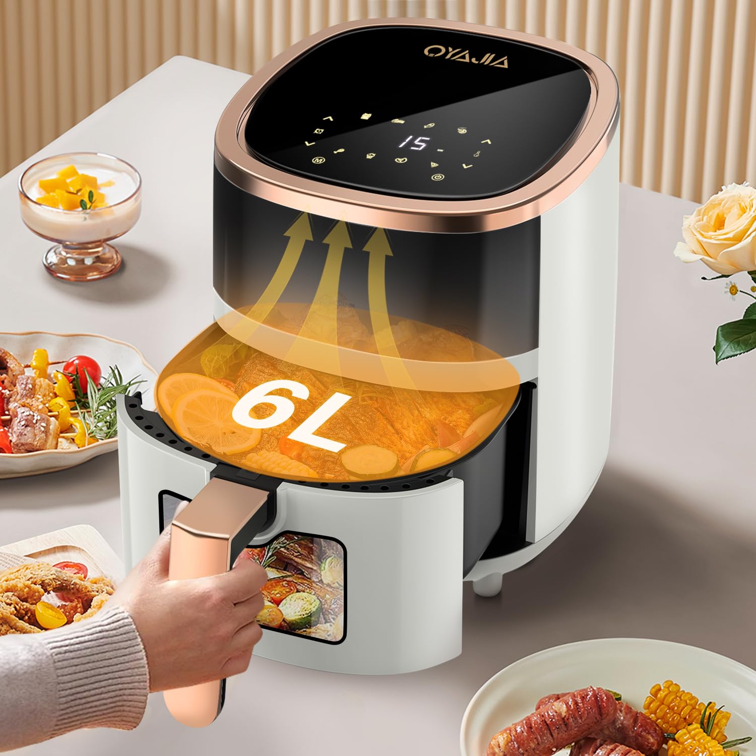 Freidora de aire caliente, 6 L, con 8 programas, tecnología de aire caliente, pantalla táctil, ventana de visualización, apta para lavavajillas, freidora sin aceite, digital, asar, hornear, asar