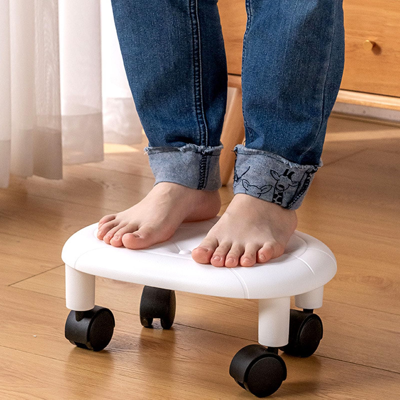 Tabouret Roulant Bas, 33,5 x 15 x 26 cm, Siège Flexible Rotatif à 360 avec roulettes, Universel Mobile, Siège Rond pour la Maison, Chambre de Bébé, Bureau (Blanc)